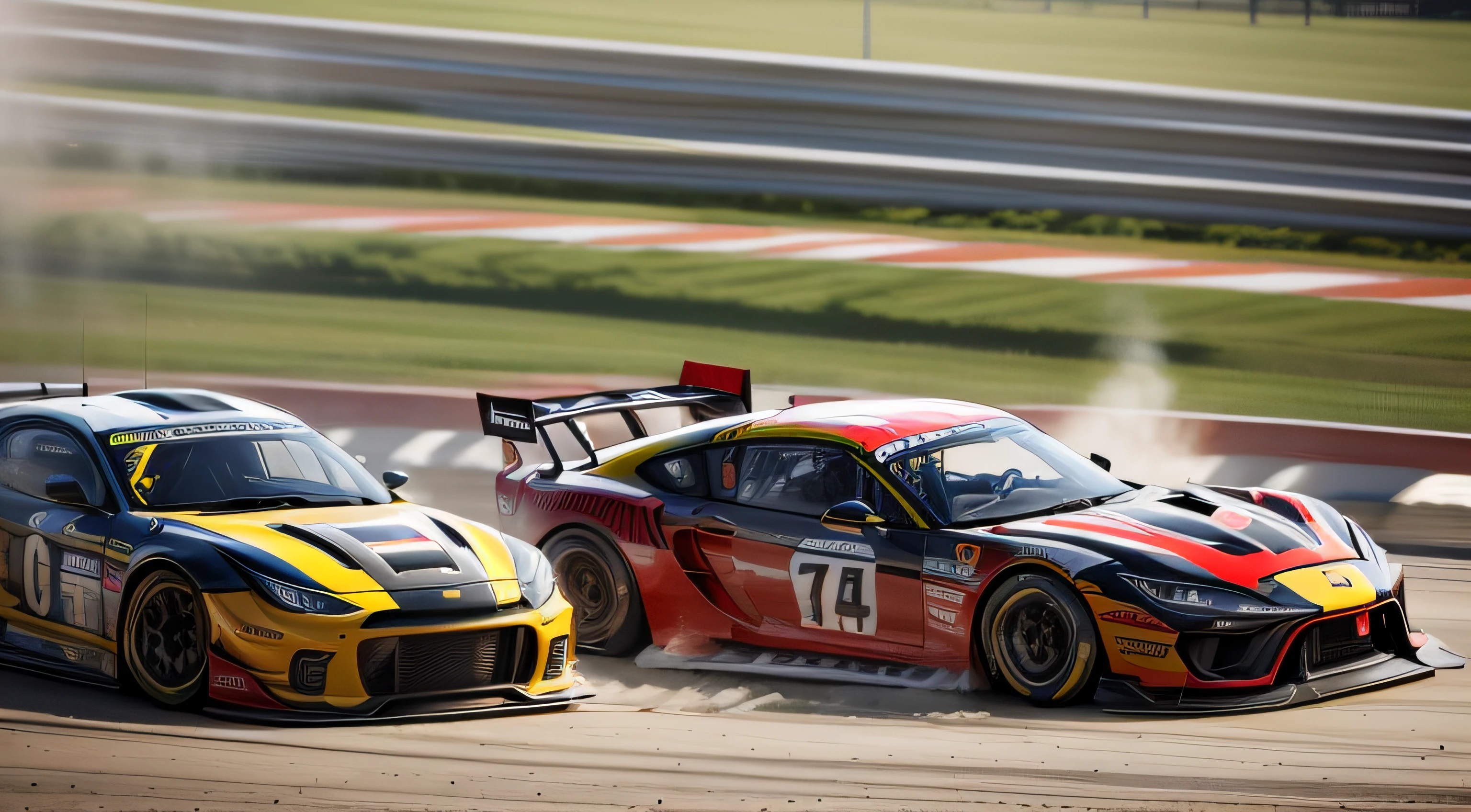(masterpiece, high resolution, photo-realistic:1.3), thrilling drift race, (speeding sports cars:1.2), (smoky wheels:1.2), intense action, (colorful smoke:1.1), burning rubber, (tire marks:1.2), (dynamic angles:1.1), (close-up shots:1.2), (sleek and modern vehicles:1.2), (suspension compression:1.1), (dust clouds:1.2), (adrenaline-filled atmosphere:1.1), (high-octane excitement:1.2), (spectators cheering:1.1), (vibrant colors:1.2), (fast-paced motion:1.1), (skilled drivers:1.2), (curved race track:1.1), (exciting competition:1.2), (dramatic lighting:1.1)
