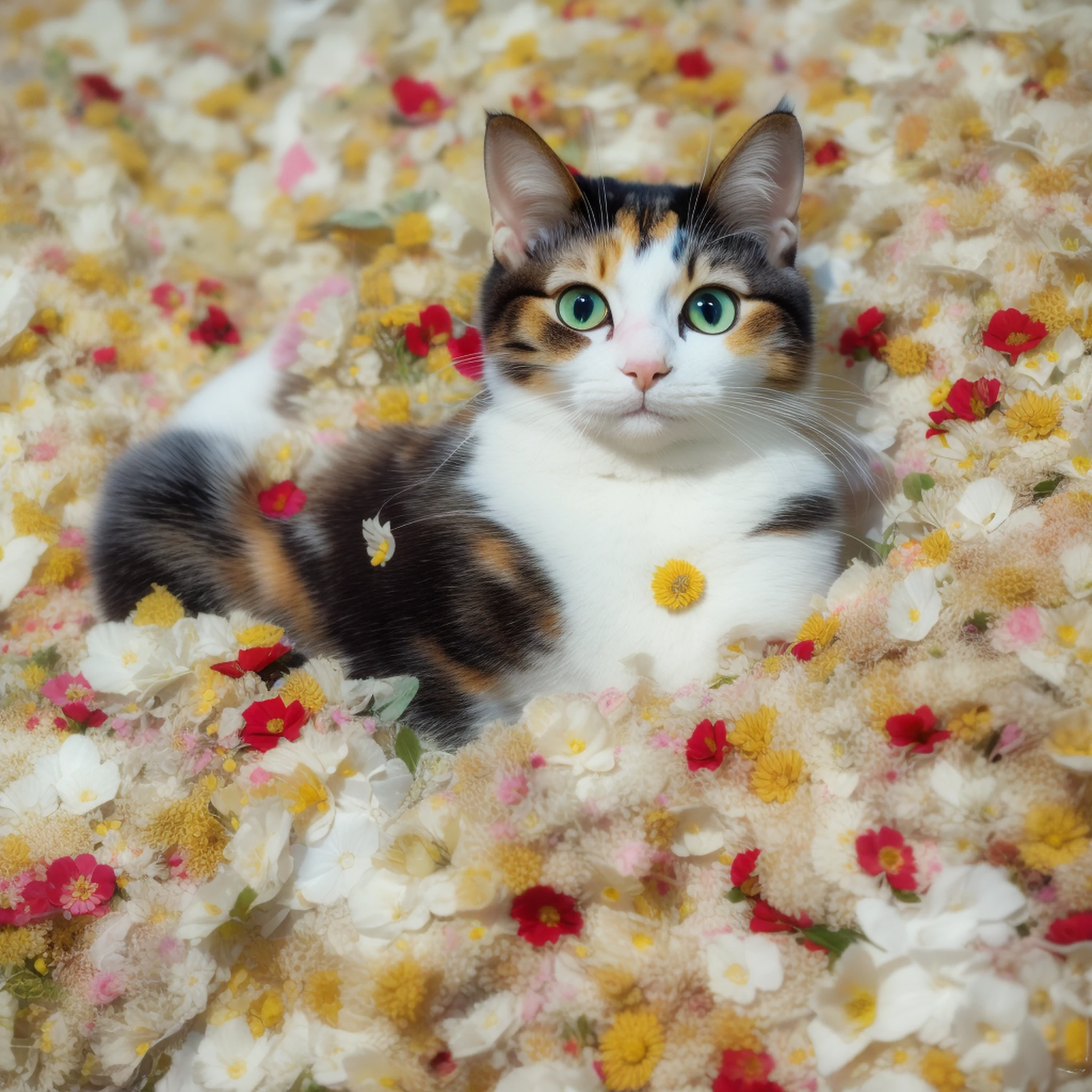 Unbeatable masterpiece，Ultra-realistic 8K CG，Perfect artwork，Cute cats，calico cat，Soak in milk，The head is drizzled with milk，Surrounded by milk and flower petals，short hairs，shaggy，Very rich in detail，astonishing detail，Very clear hair，perfect  eyes，Perfect paws，Perfect tail