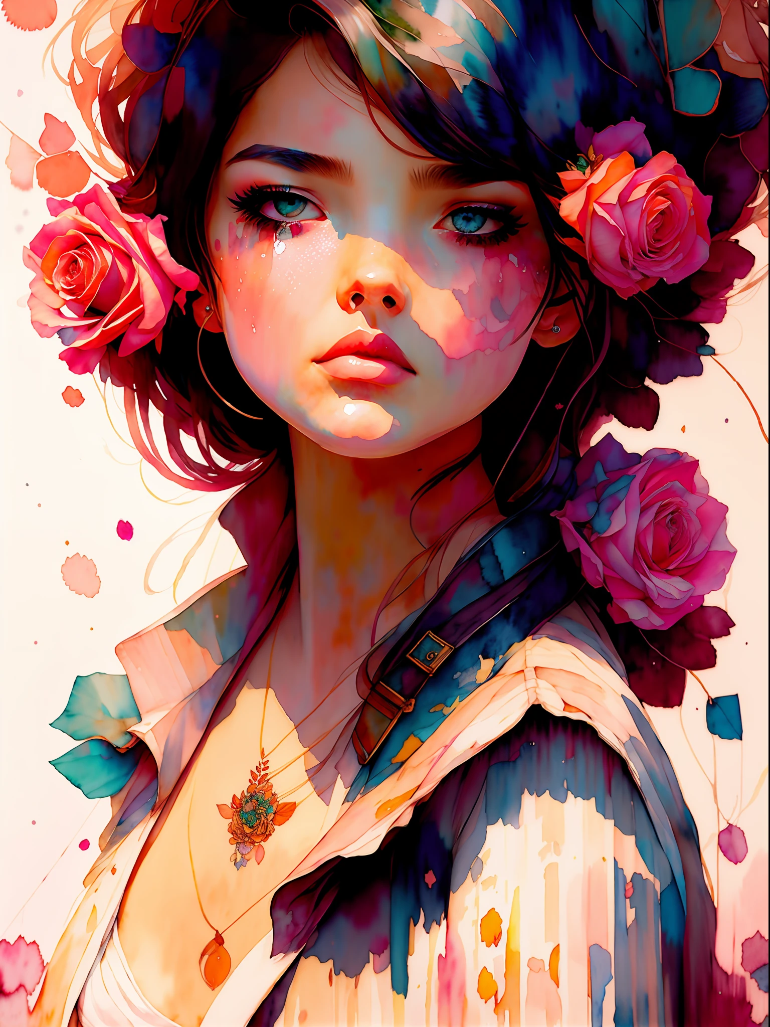 wtrcolor style, (rose) digital art, official art, blown by the wind, masterpiece, beautiful, ((watercolor)), paint splatter, intricate detail. Great detail, [dripping:0.7], Trending on Artstation, Rachel Walker