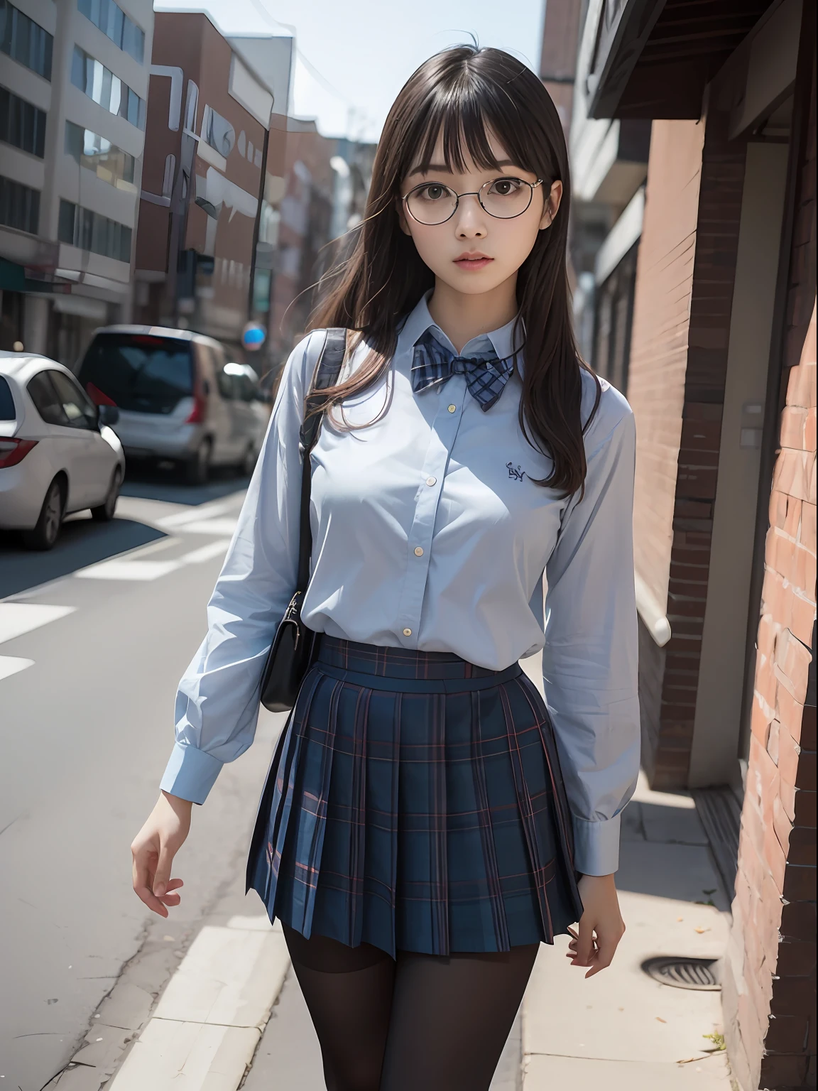 (8K、Raw photography、top-quality、masterpiece:1.2),Bullish,Muchimuchi,Erotic,Pupils,Light Blue Bra,de pele branca,kne,(Black pantyhose),absurderes,a small face,small tits,flat breast,Parting the bangs from the middle、Forehead visible,(a cold expression,Tight eyes,glares,Bullish,skinny,Rasping,irate)、masterpiece,top-quality、超A high resolution,Raw photo,ren,Beautiful fece,One Person, 独奏,eye glass,,Dark look,Small breasts,fullllbody,Round glasses、cute little、JK school uniform,hi-school girl,A Japanese Lady,is standing,(Photorealsitic:1.37)、Photon mapping,Realistic、Cute little face,Brown-eyed、Black socks、(Red bow tie)、Radio City、Physically Based Rendering、Foreground、depth of fields、Blurry background、a picture,The girls、Body,beauty legs, Long legs, Thin leg,(Bangs are visible), hair, s lips, Blue_The eye, nosesoft,(Light blue shirt), (Navy and blue and white plaid pleated skirt), Knees are visible,Sheer clothing,, Thigh, Black cotton socks,Nogizaka Idol, 女優, Japanese ido