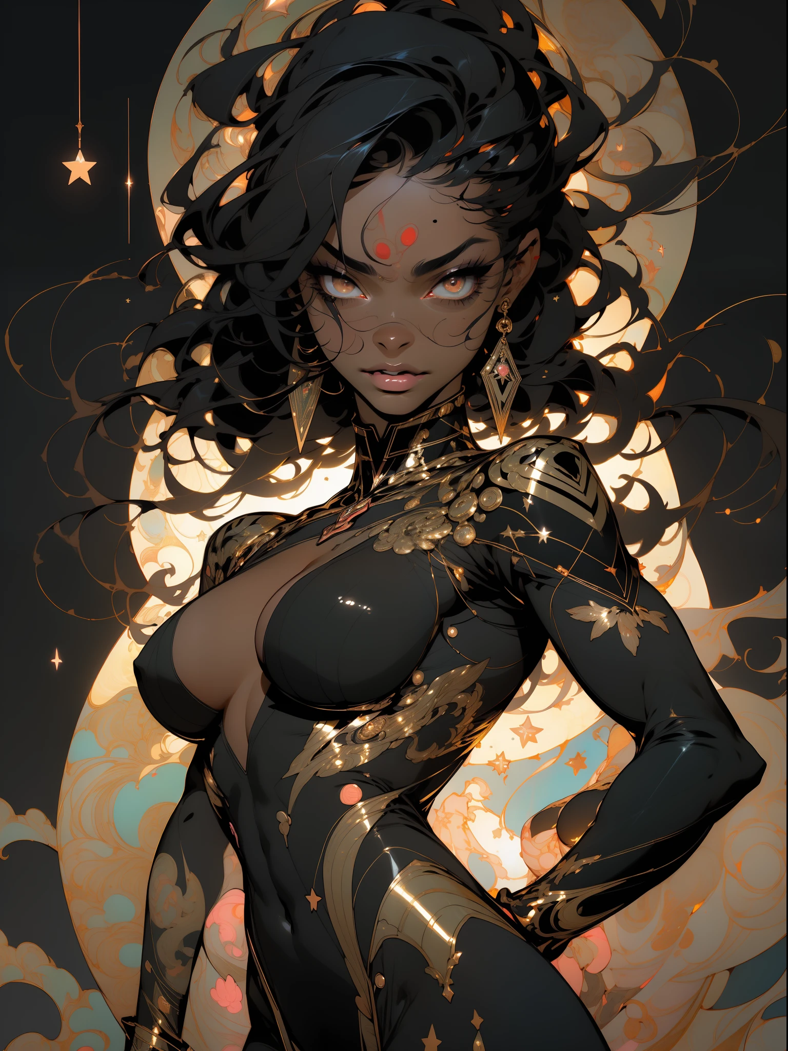 ((Best quality)), ((masterpiece)), (detailed: 1.4), (Absurd), muscular woman of 35 years, black kinetic skin with (((exposed black muscles)))), hot woman, sculptural body with defined muscles, closed mouth, muscular body covered by a micro thong, whole body covered by Genesis evangelion neon style clothing, (((large breasts)), (eyes with heavy and very black makeup), (((unkempt hair)), (stars covering the body),  ((drawings of golden stars on the arms)), very long eyelashes, heavy eye makeup, lots of jewelry, by mucha, niji --V5, close to real, psychopath, crazy face, sexy pose, 2 piece clothes, pastel, centered, scale to fit the dimensions