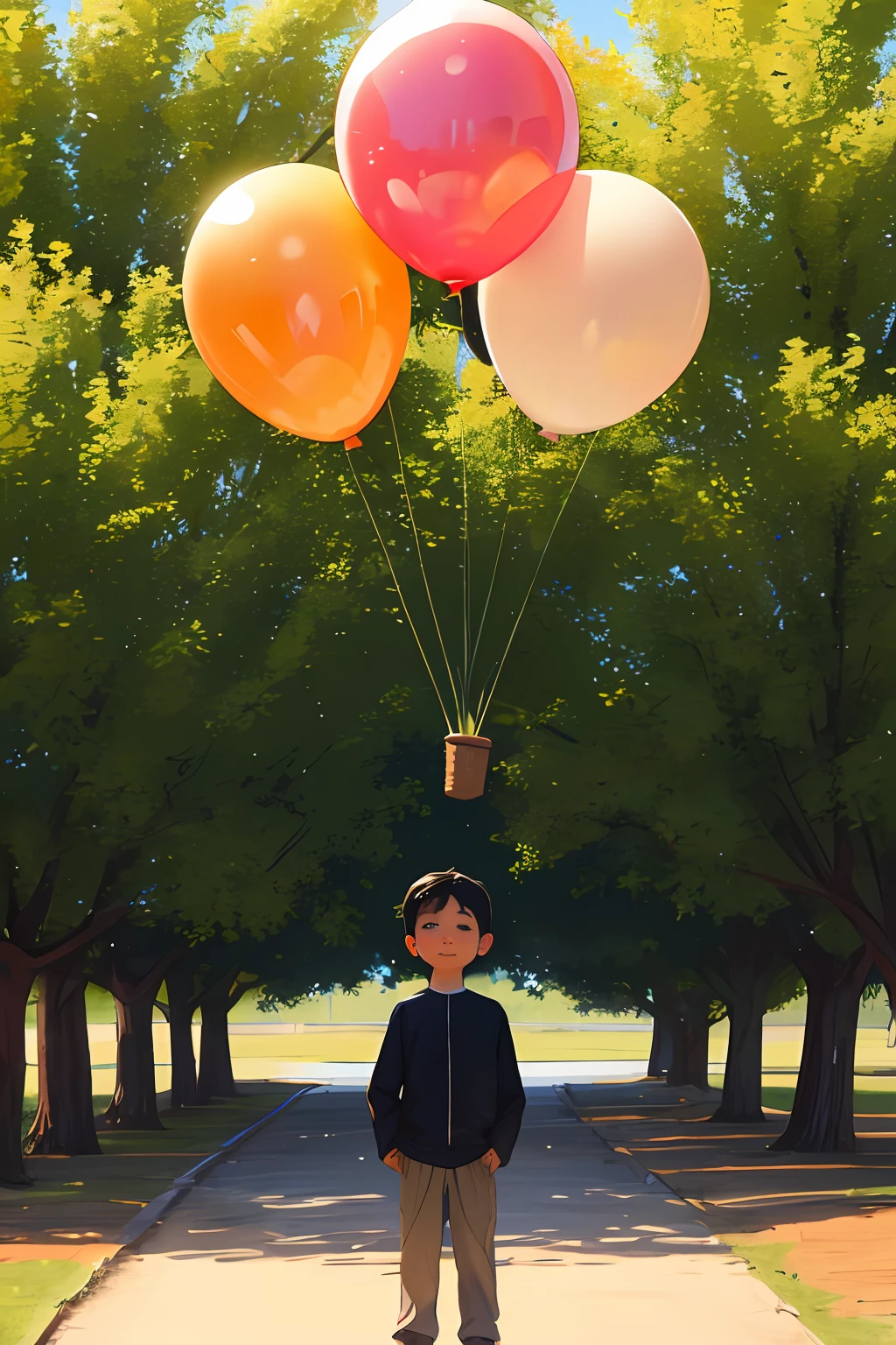 A  stands under a tree with a balloon