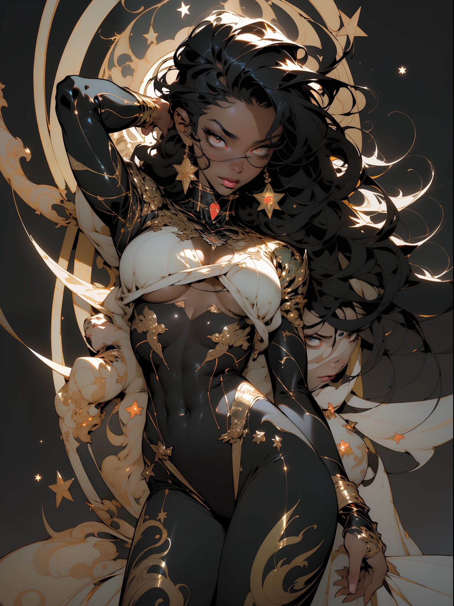 ((Best quality)), ((masterpiece)), (detailed: 1.4), (Absurd), muscular woman of 35 years, black kinetic skin with (((exposed black muscles)))), hot woman, sculptural body with defined muscles, closed mouth, muscular body covered by a micro thong, whole body covered by Genesis evangelion neon style clothing, (((large breasts)), (eyes with heavy and very black makeup), (((unkempt hair)), (stars covering the body), ((drawings of golden stars on the arms)), very long eyelashes, heavy eye makeup, lots of jewelry, by mucha, niji --V5, close to real, psychopath, crazy face, sexy pose, 2 piece clothes, pastel, centered, scale to fit the dimensions