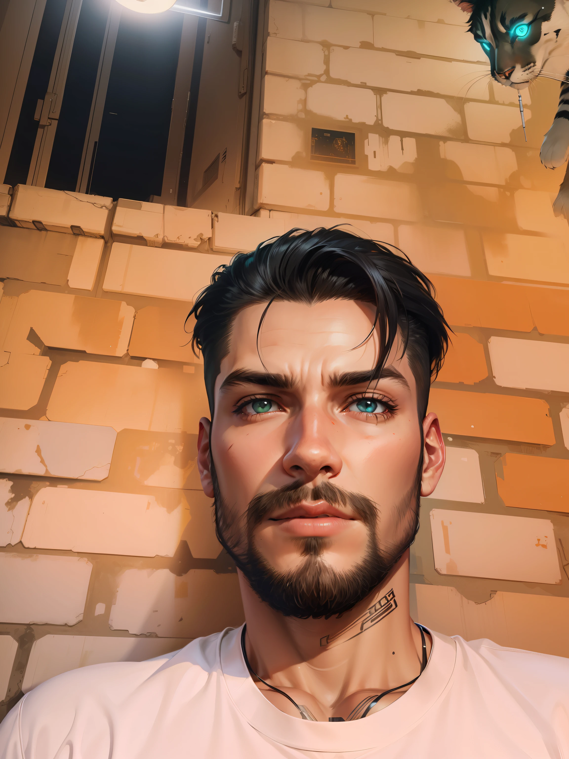 Change background. Cyberpunk handsome. Realistic . With cat
