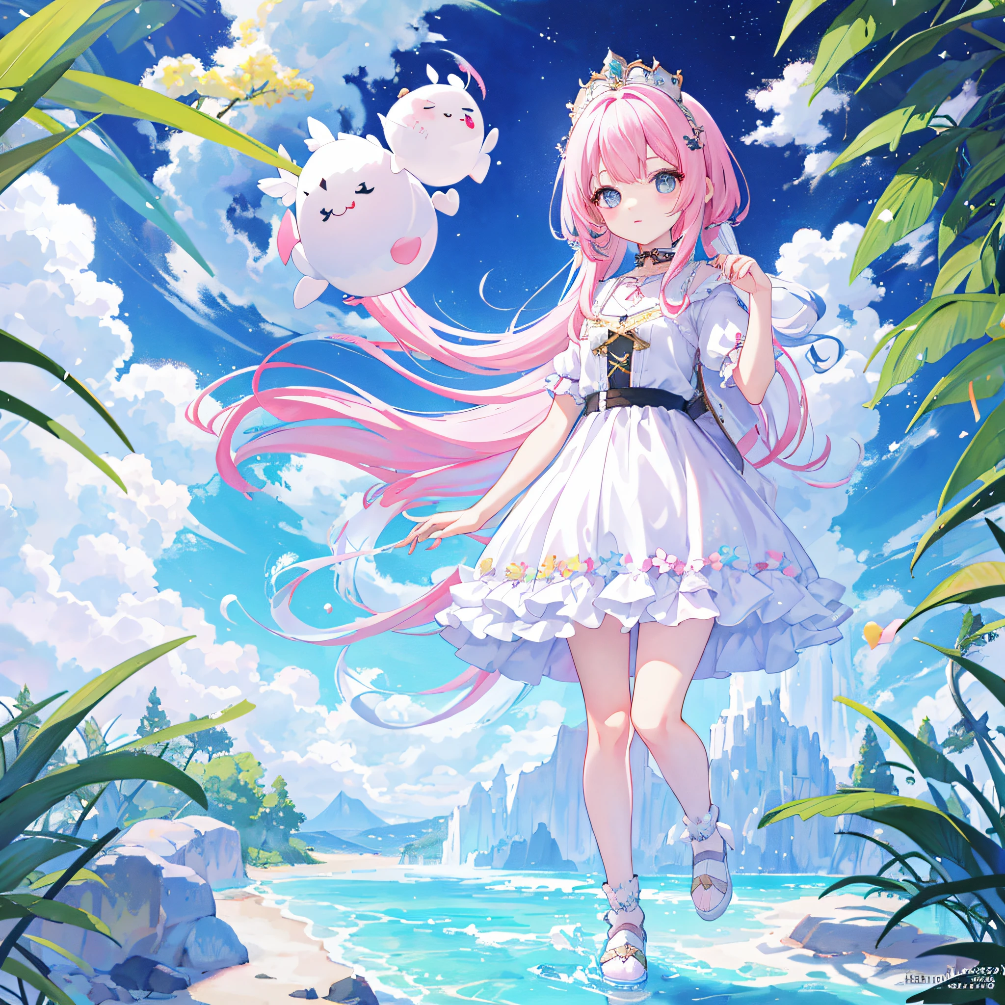 （（a sticker：1.5）））， （（Chibi Character））， （white backgrounid）， fluffly， girl with， Sorcerer's costume，  full body Esbian， Pastel Hair， Pastel colors hair， fairytale，  T-shirt design， tmasterpiece， best qualtiy，Shining eyes