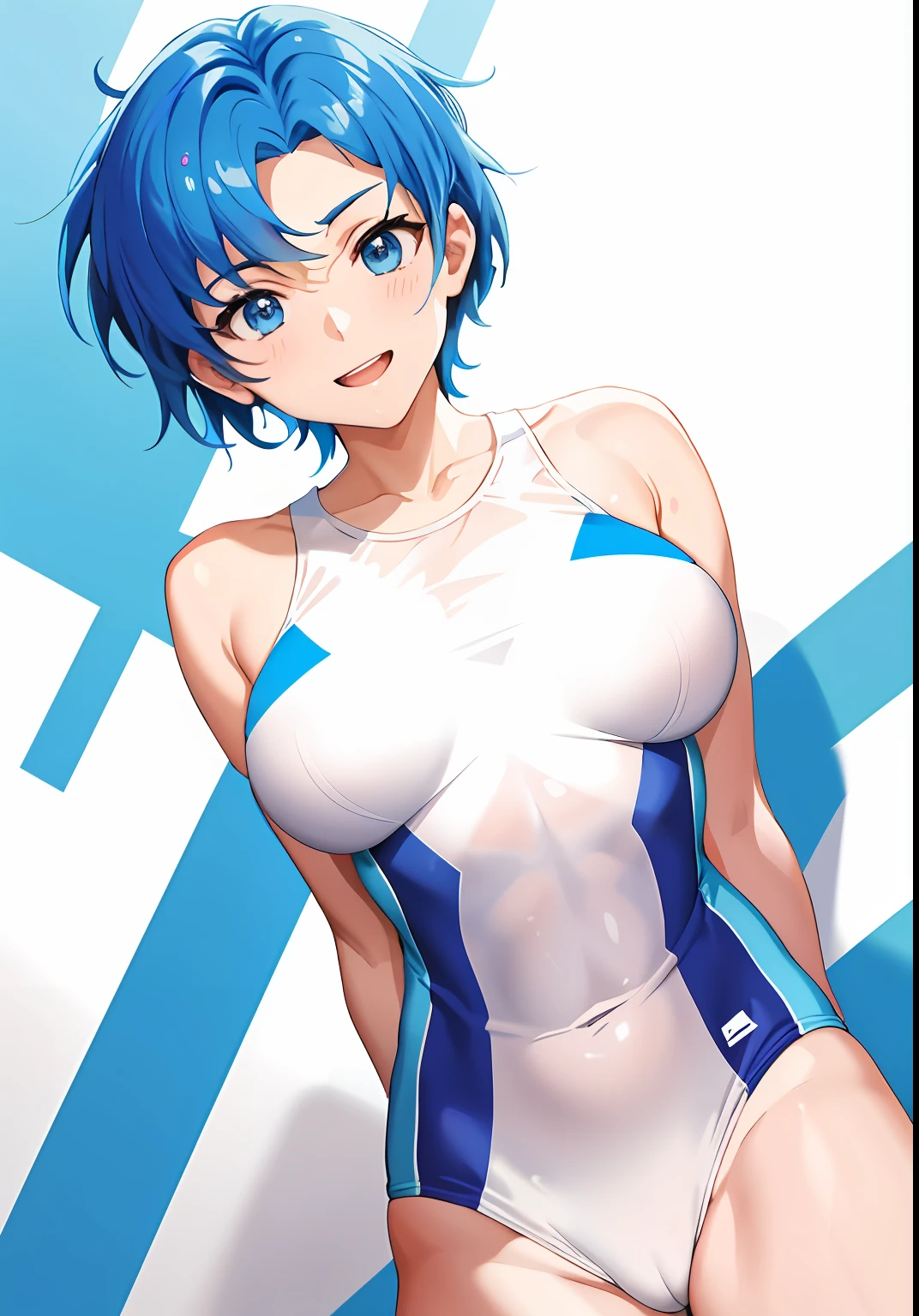 Cartoon photo of a man in a blue swimsuit, Wet swimsuit, Men with short blue hair, wearing a swimming wear, garments:Competitive swimsuit, Rogue Anime Boy, short-hair, Swimsuit, Cute boy in tank suit,