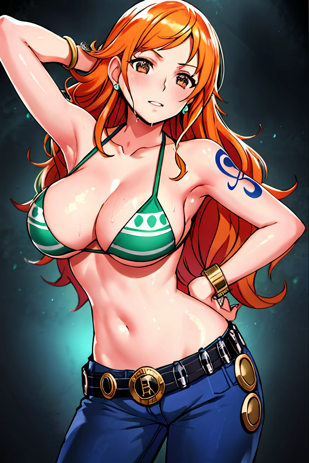 detailed wrestling ring, masterpiece, 4k, epic, best quality, late youth, adult, wrestler body, strong, 1girl, active, energic, (large mouth) , solo, nami \(one piece\), 1girl, bangle, (very wet, drenched in sweat, sweat all over body, very wet hair, tired, open mouth, exhausted, shouting, sweaty face, sweaty body, sweating too much, shiny sweat, leaning, hands on hips, serious, glaring, open eyes, perfect detailed face, round face, sweat on face) bold drawing lines, muscular arms, detailed bold arm lines, flat jaw, adult woman, wavy wide streaked bangs, floating bang, (big cheeks), bare shoulders, off-shoulders, belt, bikini, bikini top only, blue sky, bracelet, springy breasts, breast lines, big round eyes, very big brown shiny eyes, high eye position, cleavage, denim, earrings, floating hair, shiny hair, green belt, green bikini, bold groin lines, jeans, jewelry, medium breasts, log pose, long hair, looking at viewer, big navel, wet hair, orange hair, pants, shoulder tattoo, sidelocks, sky, solo, standing, stomach, swimsuit, tattoo , looking at viewer, open mouth, detailed left arm, big forehead, hourglass figure, small head, toned body, wide hair, wind effect, narrow small ears angle, older, random poses,