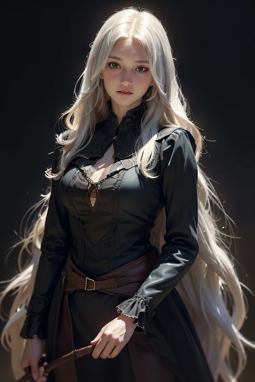 (front focus),(in the dark:1.6), Hyperrealist portrait of female by david hockney and alphonse mucha,fantasy art, photo realistic, dynamic lighting, artstation, poster, volumetric lighting, very detailed faces, 4 k, award winning,, 1girl, in the dark, deep shadow, low key,cowboy shot,(official clothing:1.4) ,long hair,white hair,