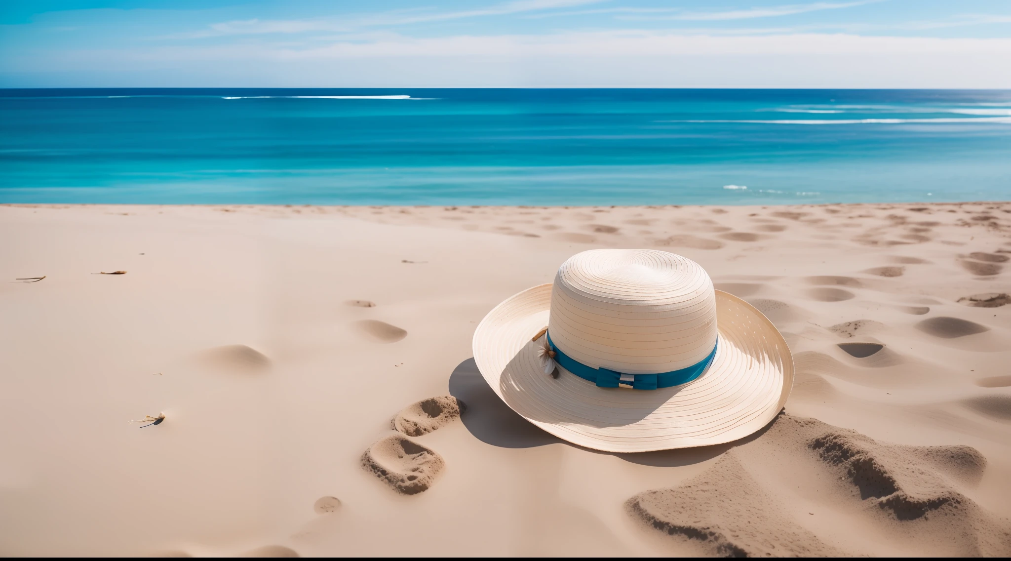 A view of standing on the beach's edge and staring at the horizon, A white straw hat blown away by the wind, cloudless blue sky, Bali, clear sea water, white sand beach, detail, realistic, ultra realistic, 8k, uhd, DSLR, soft lighting, high quality, film grain, Fujifilm XT3, (Masterpiece) <la:add_detail:1