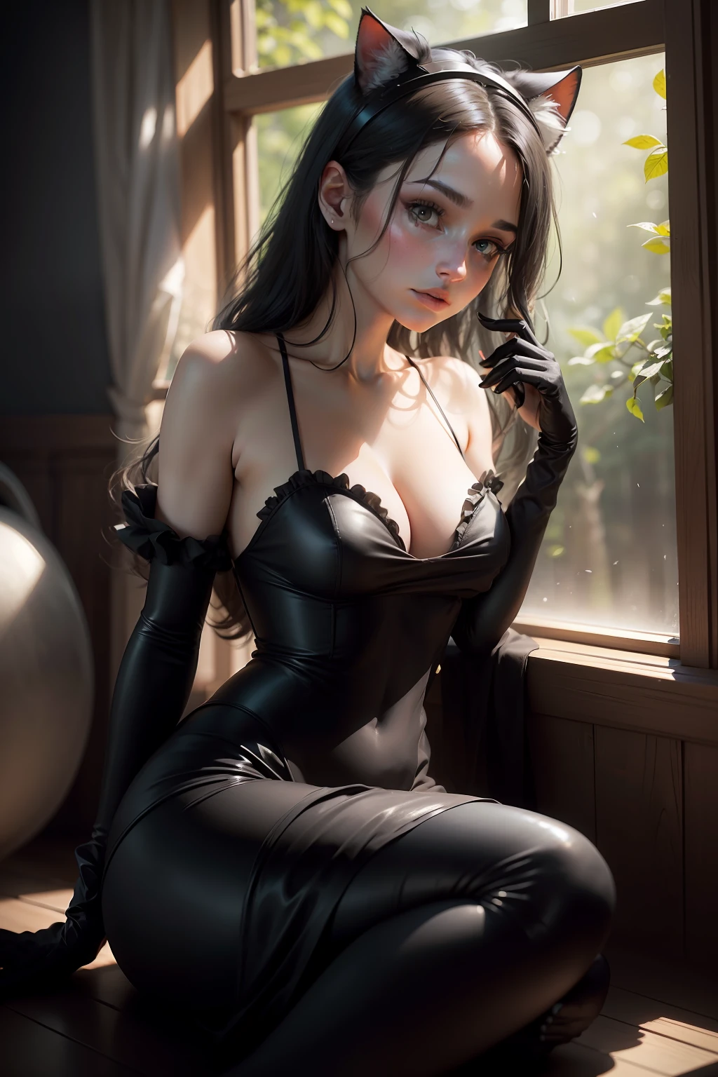 Black cat sitting in front of the window , Looking forward to the green summer forest , annie lebovetz (Annie Leibovitz) Close-up portrait photo , cinematic ligh , studiolight , Delicate skin , Ultra photo realsisim , bokeh , Sharp features
Exclusion words:cartoony,3d,disfigured,bad art,deformation,badly drawn,redundant limbs,closeup cleavage,black andwhite,strange colours,bblurry,Watermark --ar 3:4
SEED4118410831
