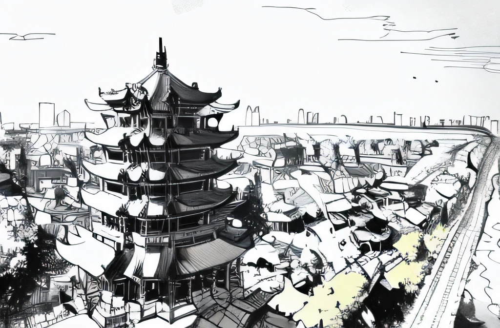 Wuhan Yellow Crane Tower,Ultra-fine line drawing,Exquisite line drawings,Lots of detail,8k wallpaper,
