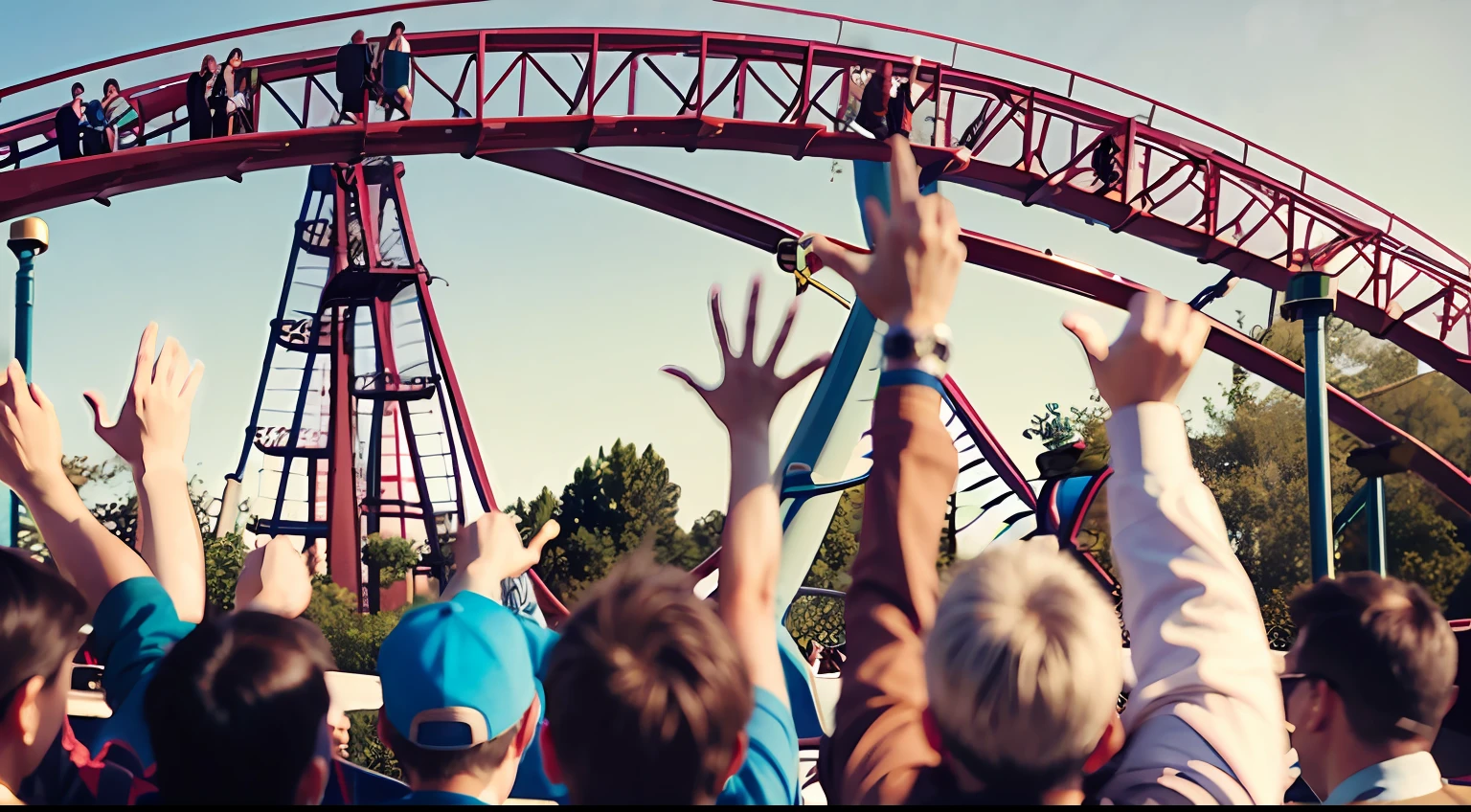 A dozen friends play roller coaster at a large amusement park