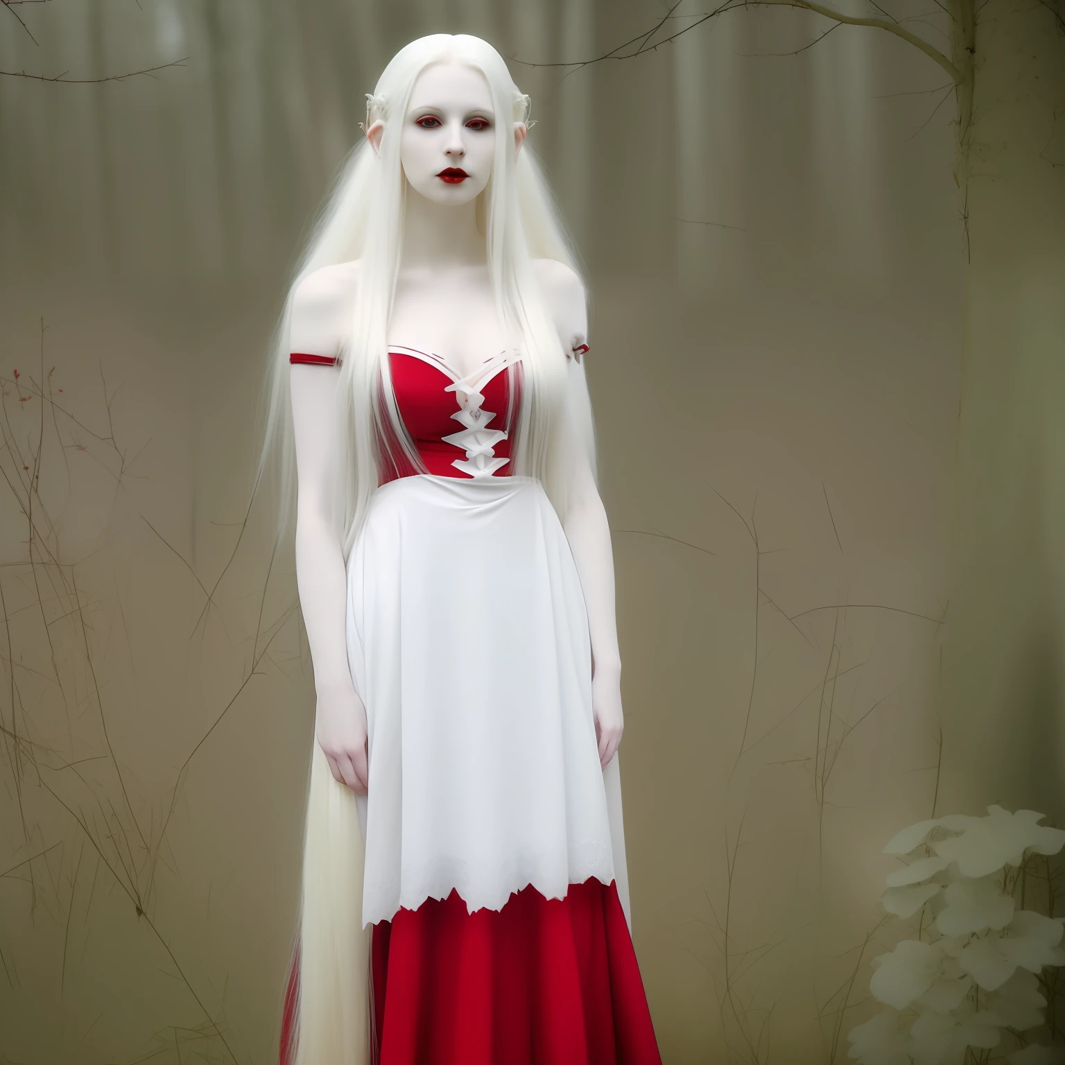 a blond woman in red dress with white hair, full body, pale goth beauty, full detailed body, perfect white haired girl, with long white hair, very beautiful elven top model, pale white skin, with white long hair, pale hair, with pale skin, pale fair skin!!, very pale white skin, extremely pale white skin, very beautiful goth