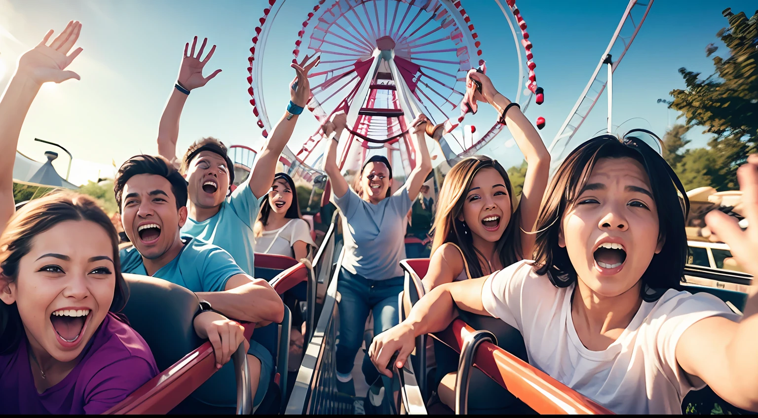 A dozen friends play roller coaster at a large amusement park