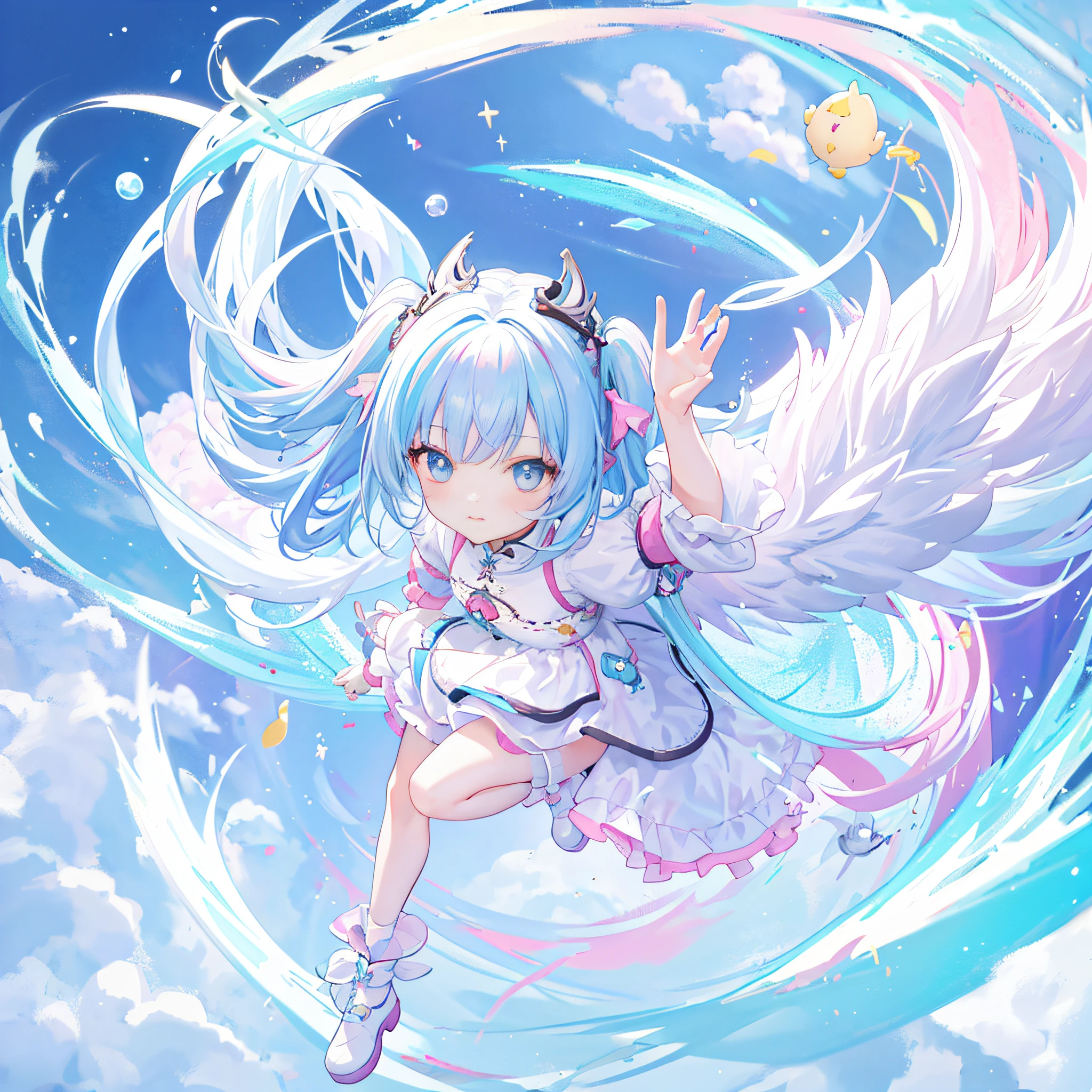 （（a sticker：1.5）））， （（Chibi Character））， （white backgrounid）， fluffly， girl with， Sorcerer's costume，  full body Esbian， Pastel Hair， Pastel colors hair， fairytale，  T-shirt design， tmasterpiece， best qualtiy，Shining eyes
