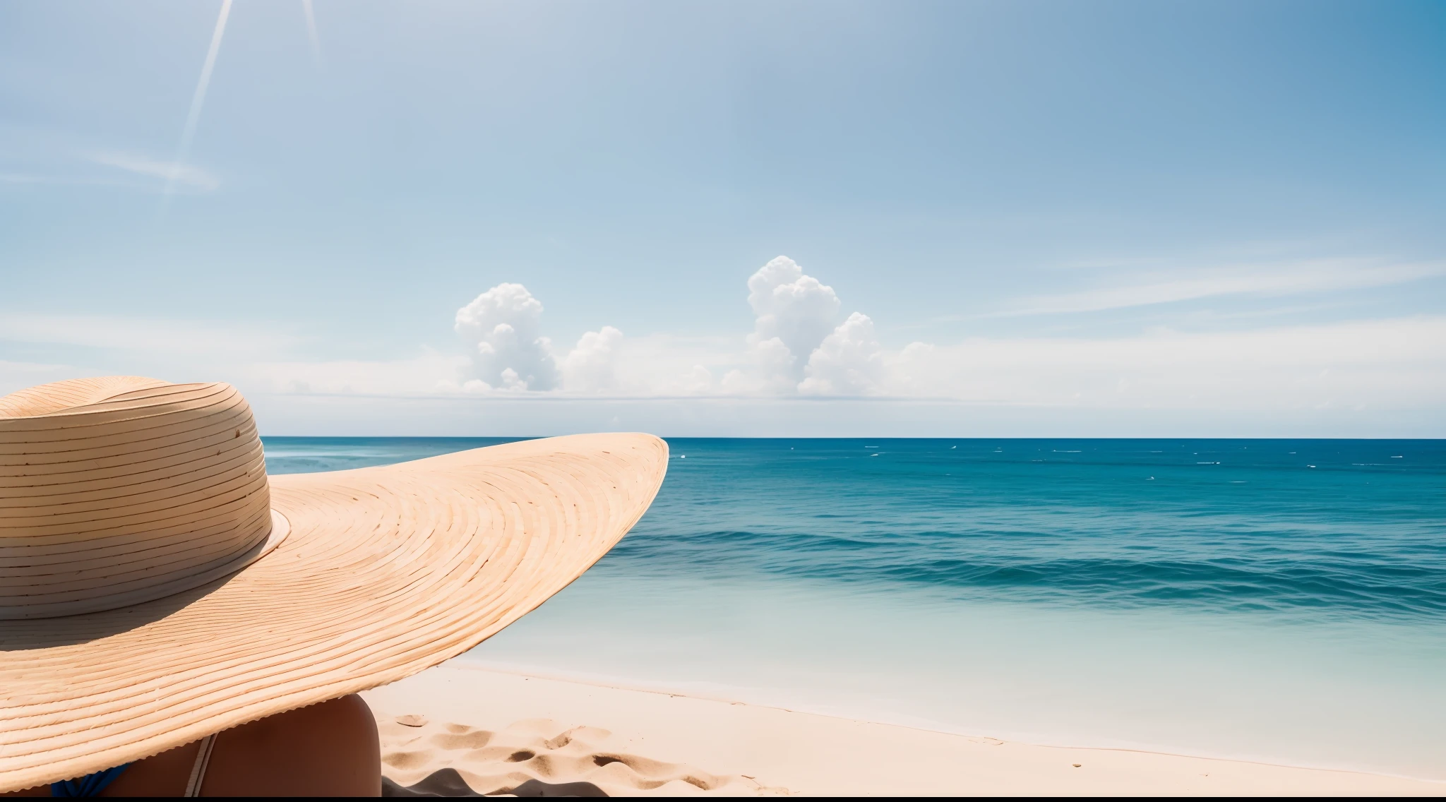 A view of standing on the beach's edge and staring at the horizon, A white straw hat blown away by the wind, cloudless blue sky, Bali, clear sea water, white sand beach, detail, realistic, ultra realistic, 8k, uhd, DSLR, soft lighting, high quality, film grain, Fujifilm XT3, (Masterpiece) <la:add_detail:1