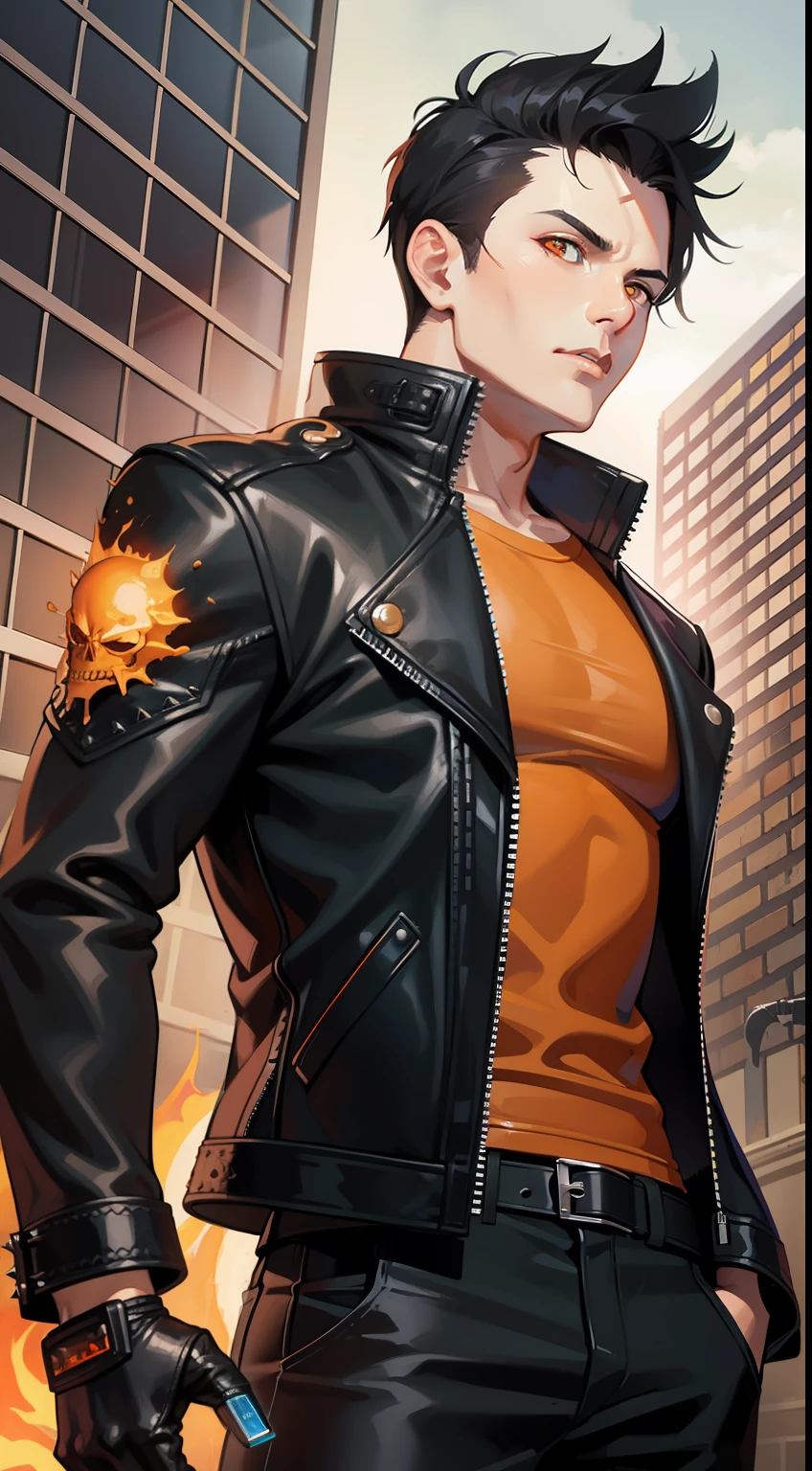 Grown-up guy, short black hair, Orange Eyes, leather jacket with spikes, circuits, Ghost Rider, Masterpiece, hiquality
