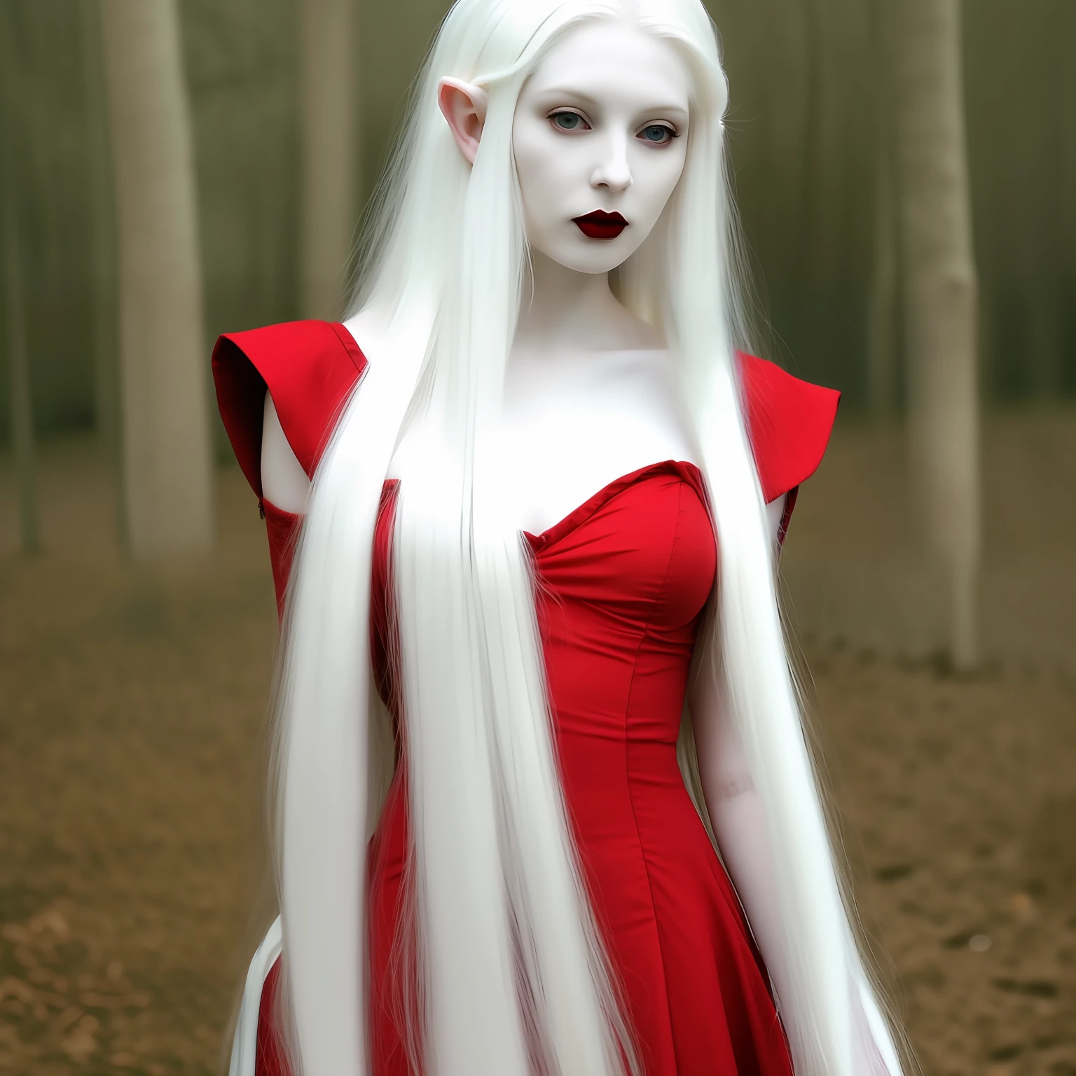 a blond woman in red dress with white hair, full body, pale goth beauty, full detailed body, perfect white haired girl, with long white hair, very beautiful elven top model, pale white skin, with white long hair, pale hair, with pale skin, pale fair skin!!, very pale white skin, extremely pale white skin, very beautiful goth