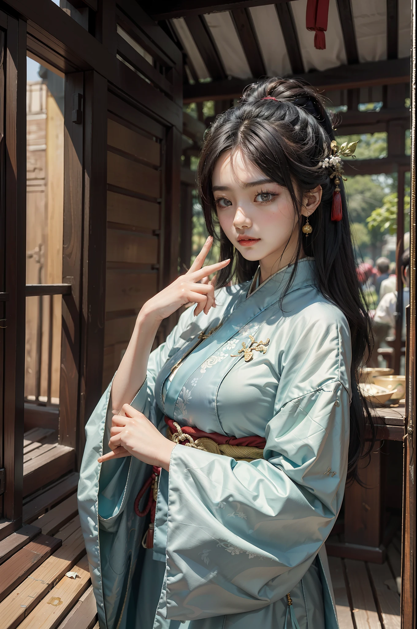 best qualtiy,tmasterpiece,超高分辨率,(真实感:1.4),RAW photogr,1girl,Hanfu,ancient buildings of China,huge tit