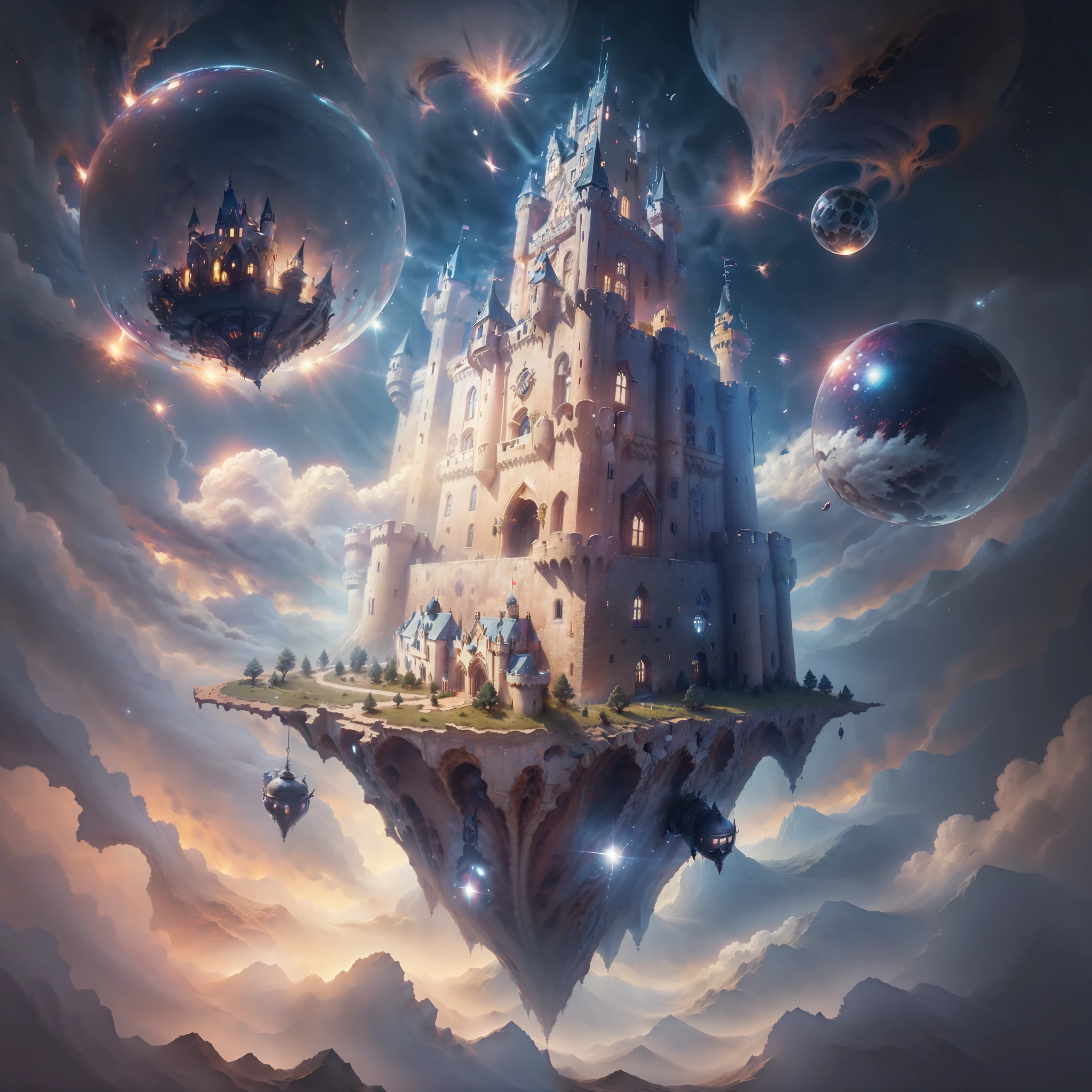 (A castle suspended in the air:1.5)，levitating，（Skysky、borgar、fanciful、starrysky、suns、themoon、galactic），Amazing plant growth，extremy detailed，realistic raytraicing，Epic composition，（complexdetails），（Complex design，hyper-detailing：1.2），art  stations，（tmasterpiece，best qualtiy），hyper HD，32k，(A castle suspended in the air:1.5)，levitating