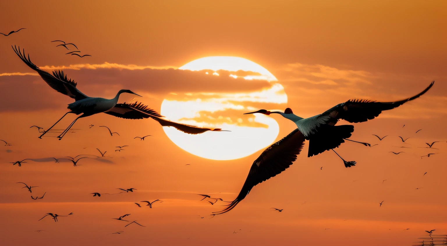 There are two birds flying in the sky,The background is the sun, two cranes flying across the sun, The crane, birds flying in the sunlight, flying through sunset, At sunset, At sunrise, birds on sky, birds flying, birds in the sunlight, in a golden sunset sky, Sun sunset, Crane, Birds flying away from the explosion, Pterosaur flying