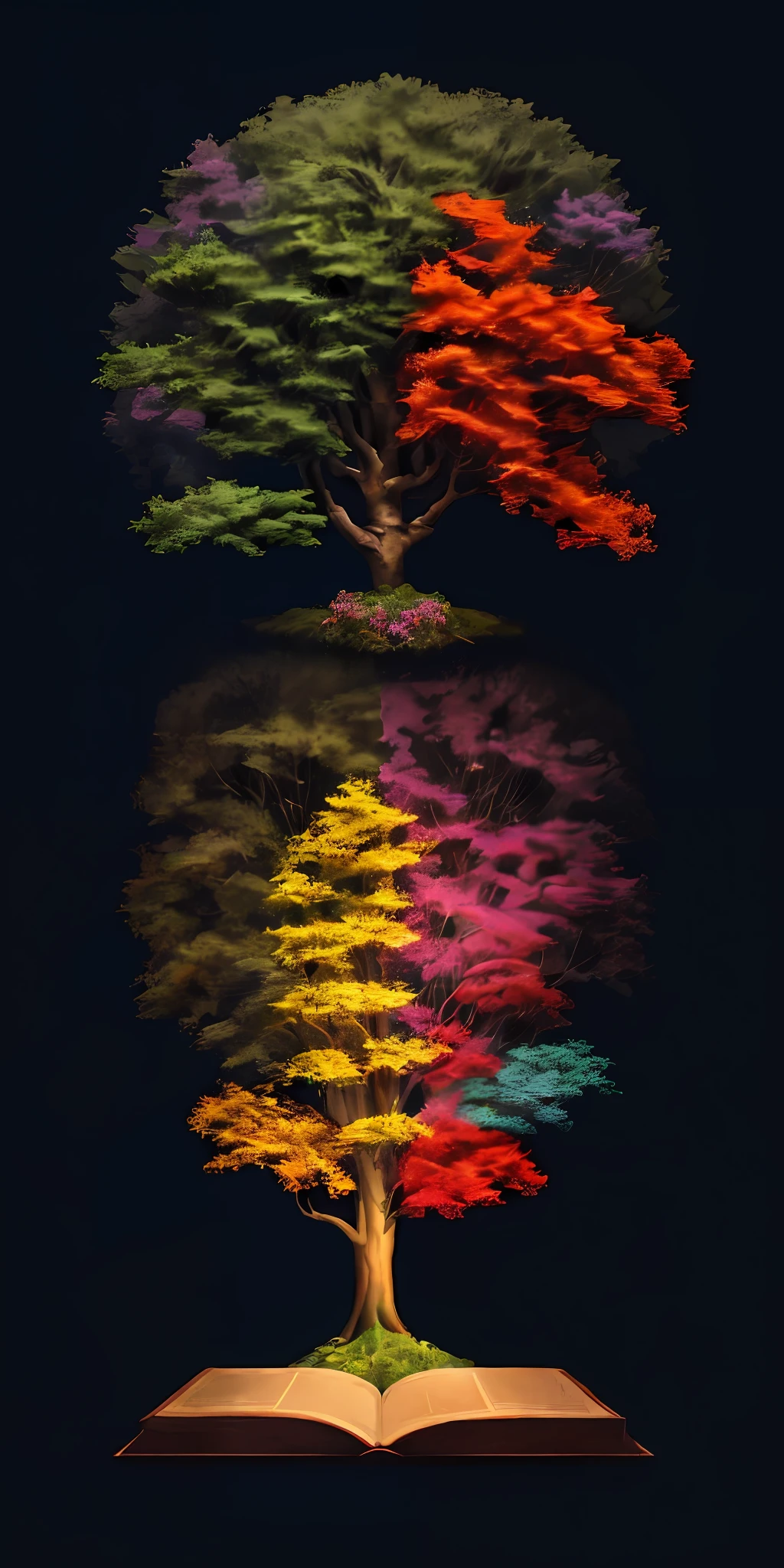 Design a vibrant and lively setting, with elements that represent learning and wisdom. In the center of the image, highlight a majestic and leafy tree, symbolizing the growth and flowering of knowledge. On the leaves of the tree, insert symbols and icons that represent different areas of knowledge, such as a book, a gear, a brain, a color palette, and other related elements. Use a palette of vivid, contrasting colors to emphasize the energy and vividness of the image. Around the tree, include diverse people, at different ages and cultures, who represent the community of followers and human connection through the sharing of valuable knowledge. At the top of the image, insert the "Living Wisdom" logo with a modern and impactful font. Below the logo, add the phrase "Exploring valuable knowledge for a transformative journey" with a clear and visible font. Make sure the cover conveys a sense of vitality, connection, and growth potential, inspiring viewers to engage with the enriching content offered by the "Living Sapience" channel.super realistic, super-detailed, high definition
