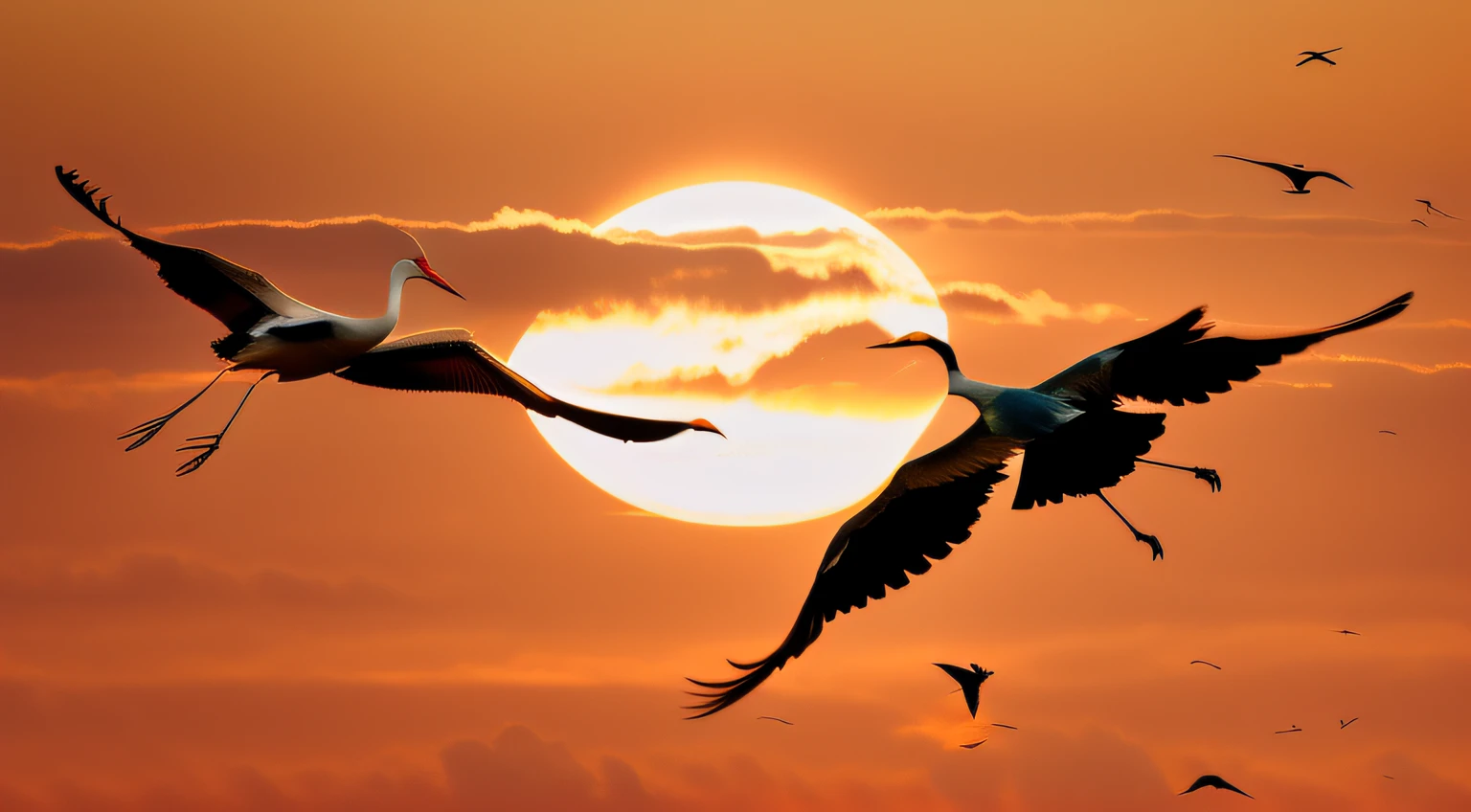 There are two birds flying in the sky,The background is the sun, two cranes flying across the sun, The crane, birds flying in the sunlight, flying through sunset, At sunset, At sunrise, birds on sky, birds flying, birds in the sunlight, in a golden sunset sky, Sun sunset, Crane, Birds flying away from the explosion, Pterosaur flying