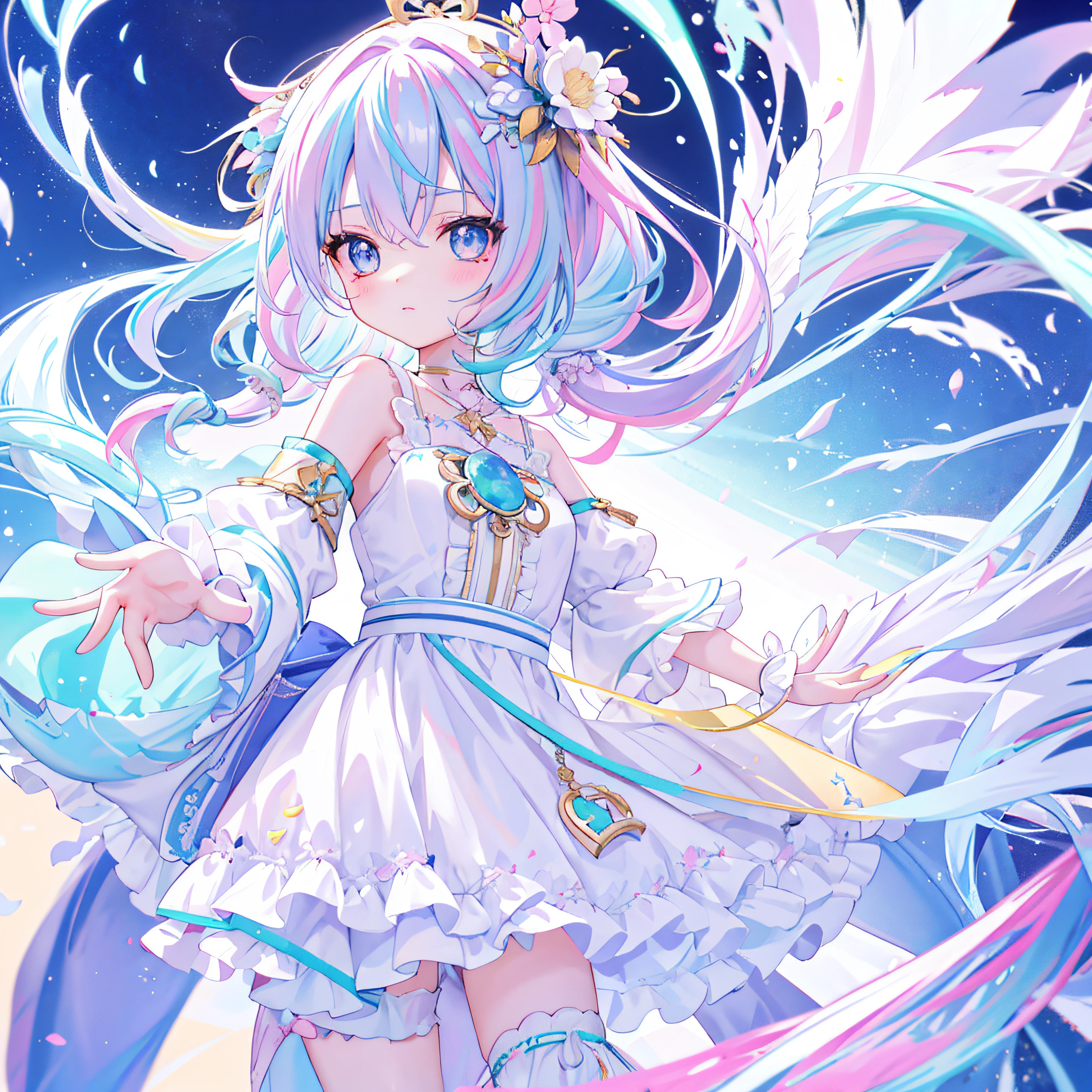 （（a sticker：1.5）））， （（Chibi Character））， （white backgrounid）， fluffly， girl with， Sorcerer's costume，  full body Esbian， Pastel Hair， Pastel colors hair， fairytale，  T-shirt design， tmasterpiece， best qualtiy，Shining eyes