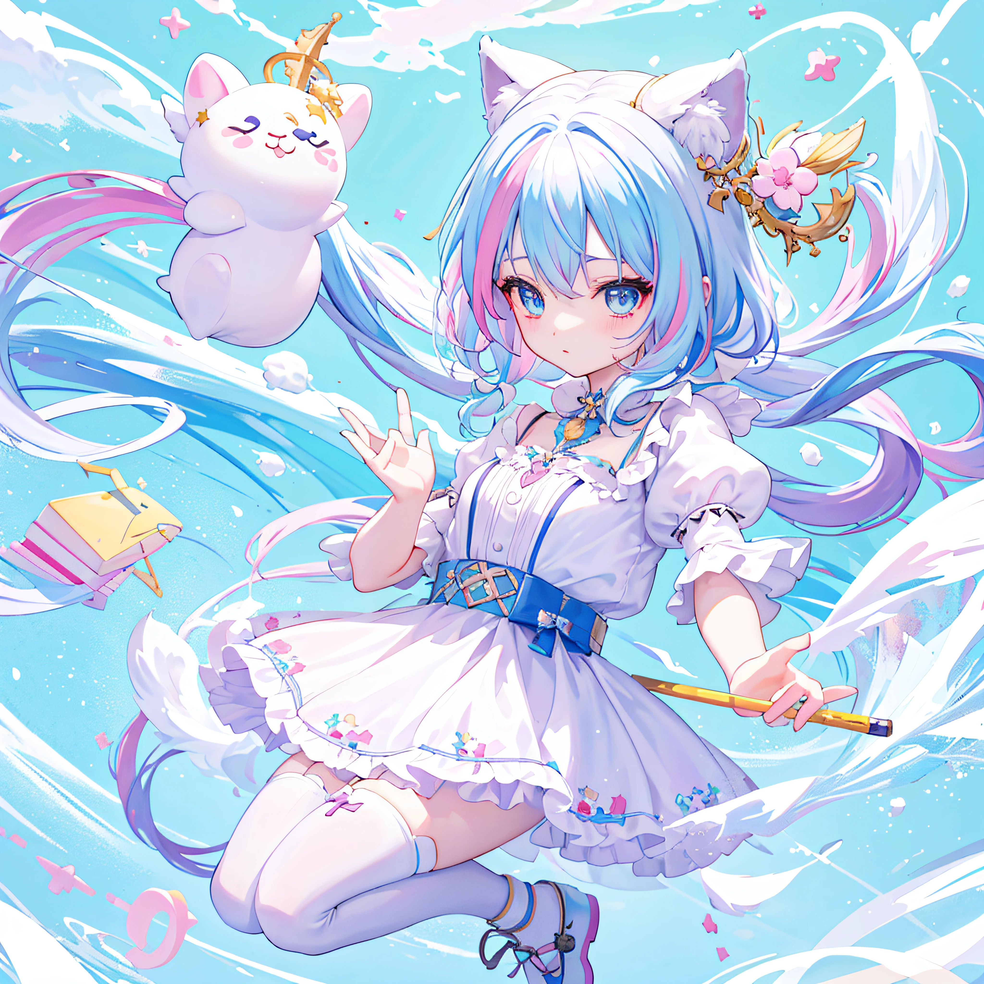 ((a sticker:1.5))), ((Chibi Character)), (white backgrounid), fluffly, girl with, Sorcerer's costume, full body Esbian, Pastel Hair, Pastel colors hair, fairytale, T-shirt design, tmasterpiece, best qualtiy,Shining eyes