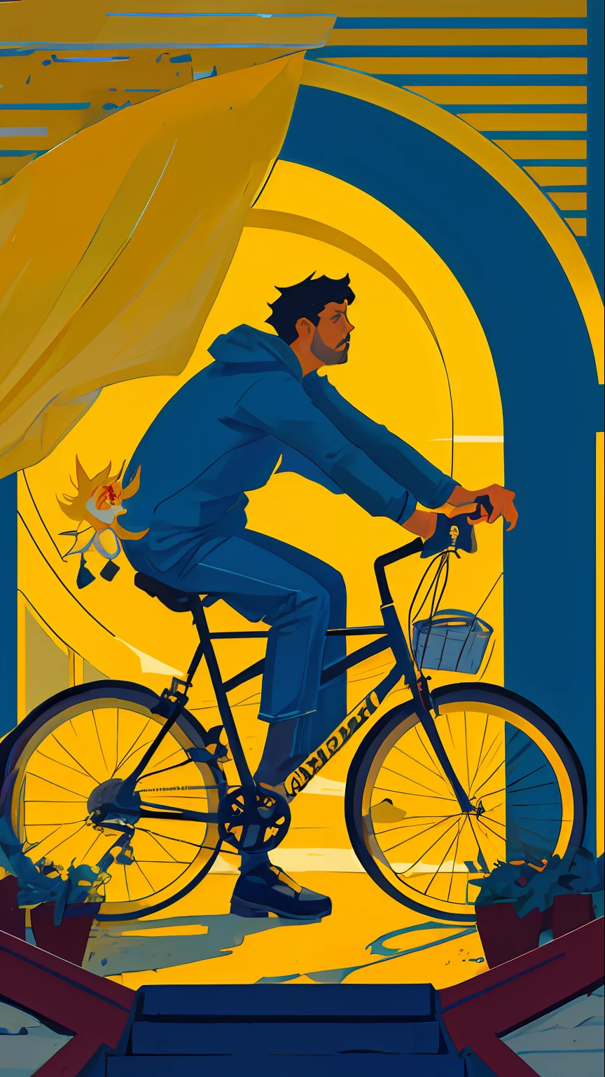 Father's Day Poster, flat illustration, Strong father riding bike with cute , olhos grandes cintilantes, fundo quente da casa, perspectiva, chiaroscuro, cor quente, fundo brilhante, father flat illustration, --v6