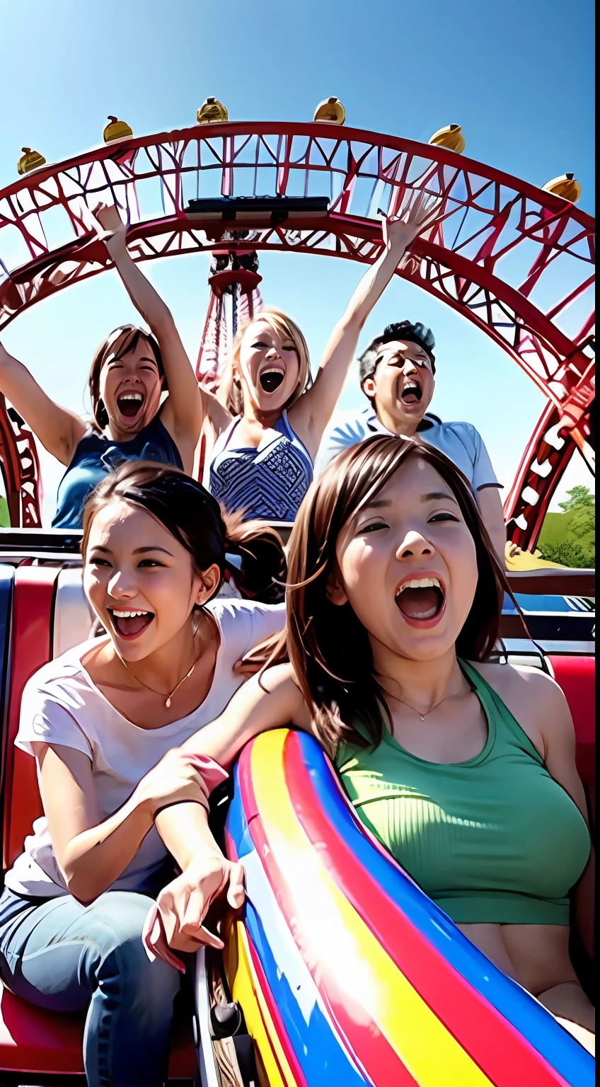 A dozen friends play roller coaster at a large amusement park