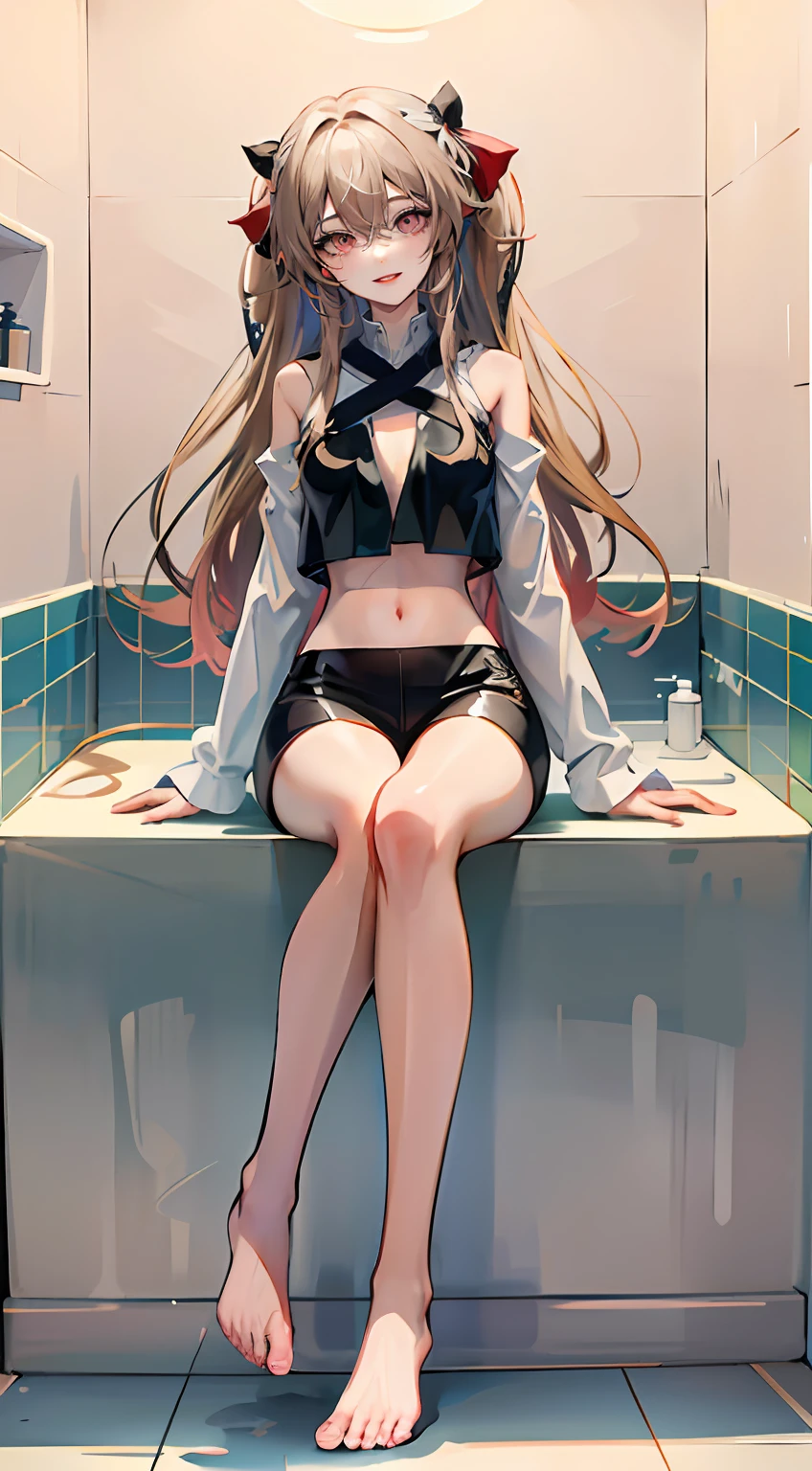 one-girl, In the bathroom, Crop top with crop top, Slender legs, naked leg, The barefoot, Hair Bow, Gradient hair, Smile, Anime style, hyper HD, ccurate, High details, Best quality