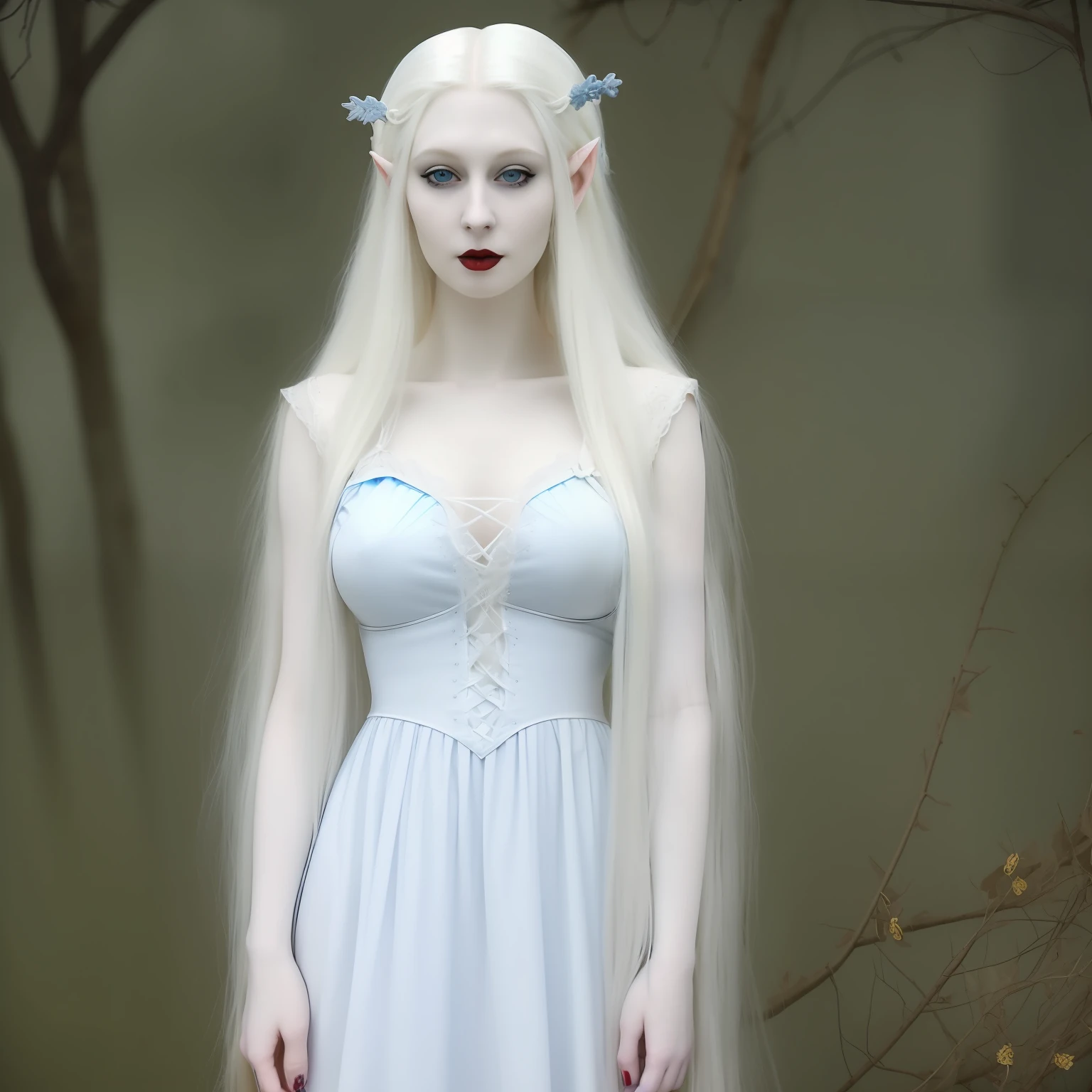 a blond woman in blue dress with white hair, full body, pale goth beauty, full body, perfect white haired girl, with long white hair, very beautiful elven top model, pale white skin, with white long hair, pale hair, with pale skin, pale fair skin!!, very pale white skin, extremely pale white skin, very beautiful goth top model