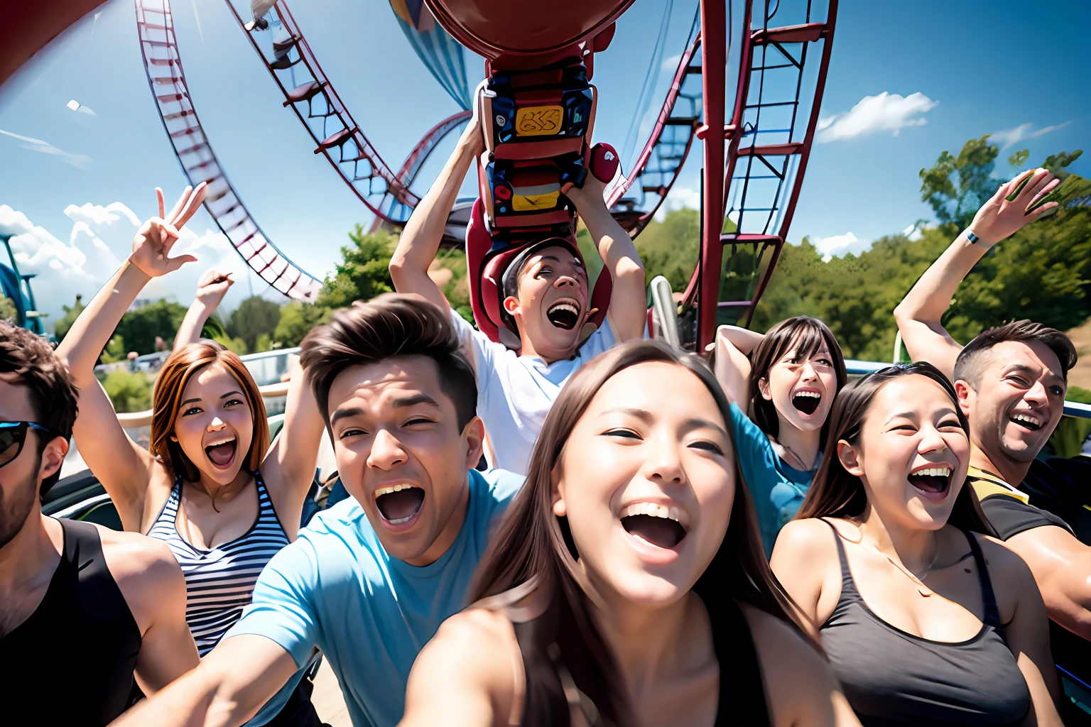 A dozen friends play roller coaster at a large amusement park