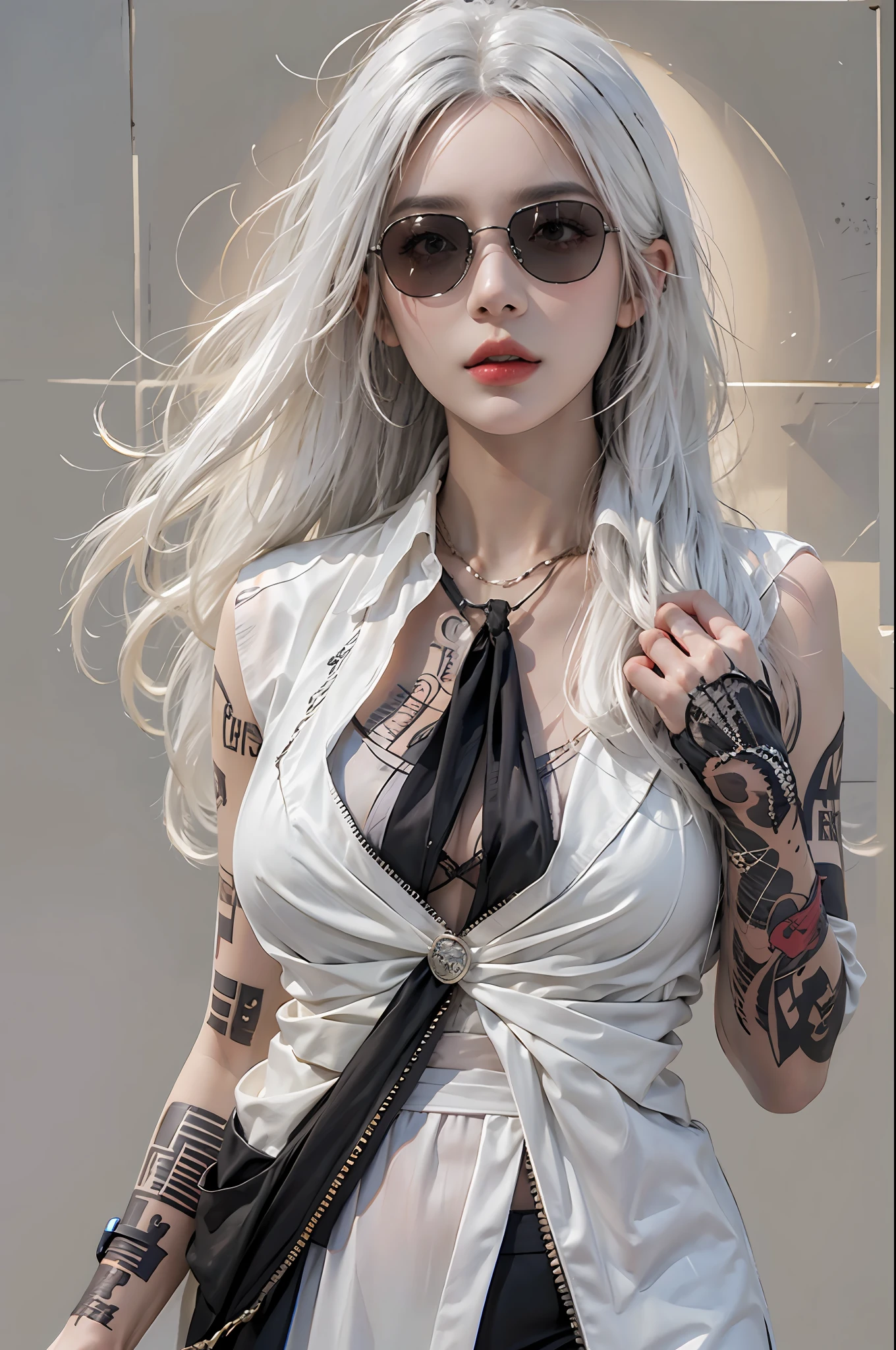 photorealistic, high resolution, 1women, solo, hips up, look at viewer, (detailed face), white hair, long hair, black suit, mafia, sunglasses, tattoo, jewelry