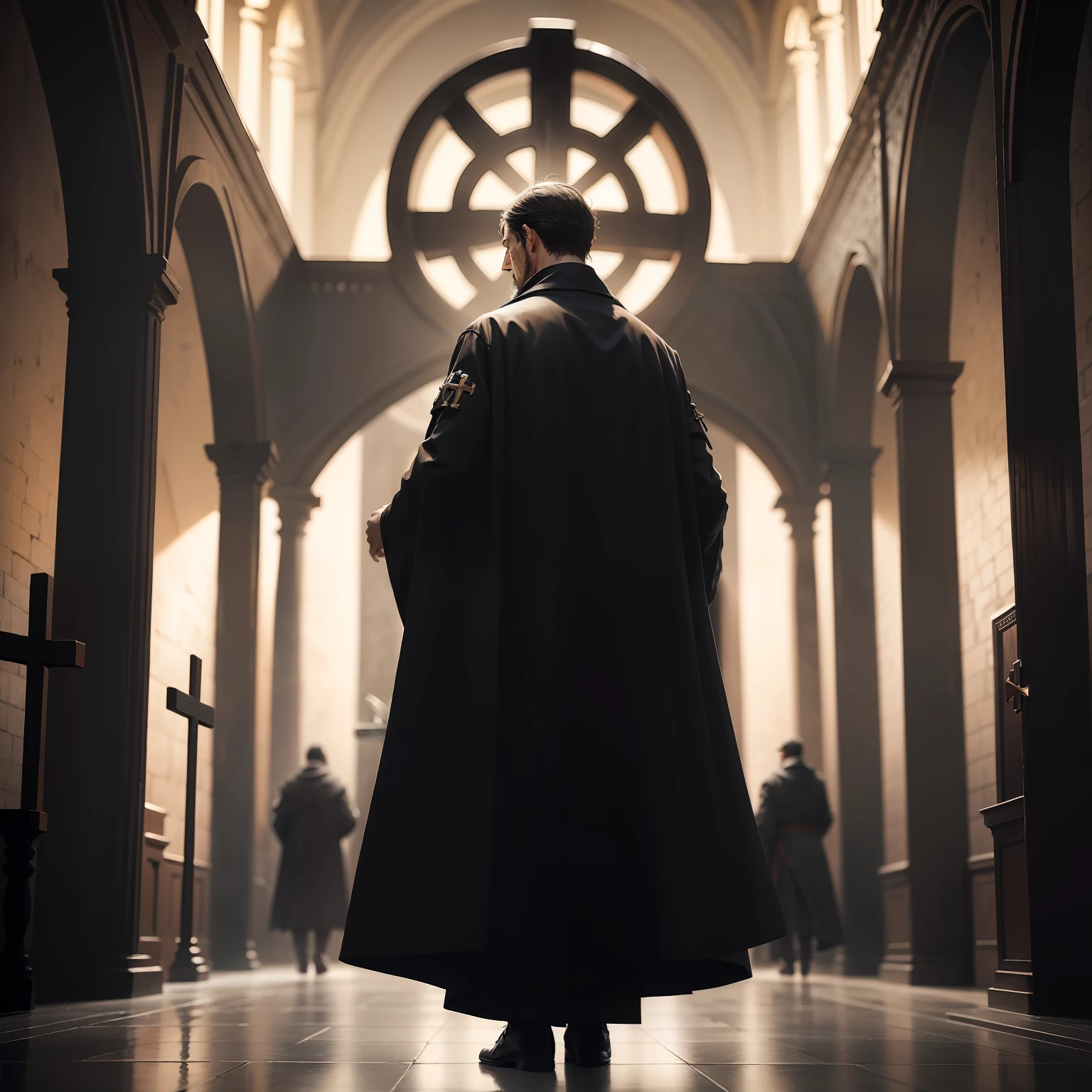 A man has a cross in front of him,Behind it is money,thrones,The man walked to the cross,But looked back at the back