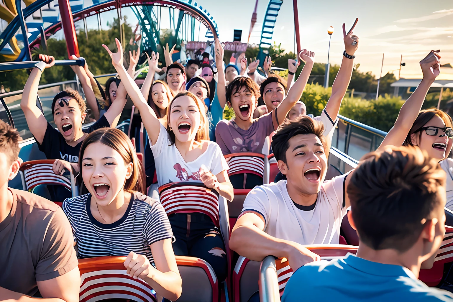A dozen friends play roller coaster at a large amusement park