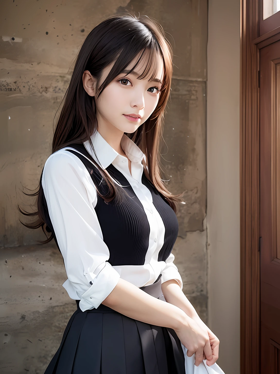 Masterpiece, top quality, official art, highly detailed CG Unity 8K wallpaper, like a schoolgirl, very delicate and beautiful, ultra high resolution, (photorealistic: 1.4), golden hour lighting, (upper body), (platinum shorthair: 0.8), (puffy eyes), looking at the viewer, facing the front, smiling, JK skirt, white dress, Shirt Lift Long Black Hair