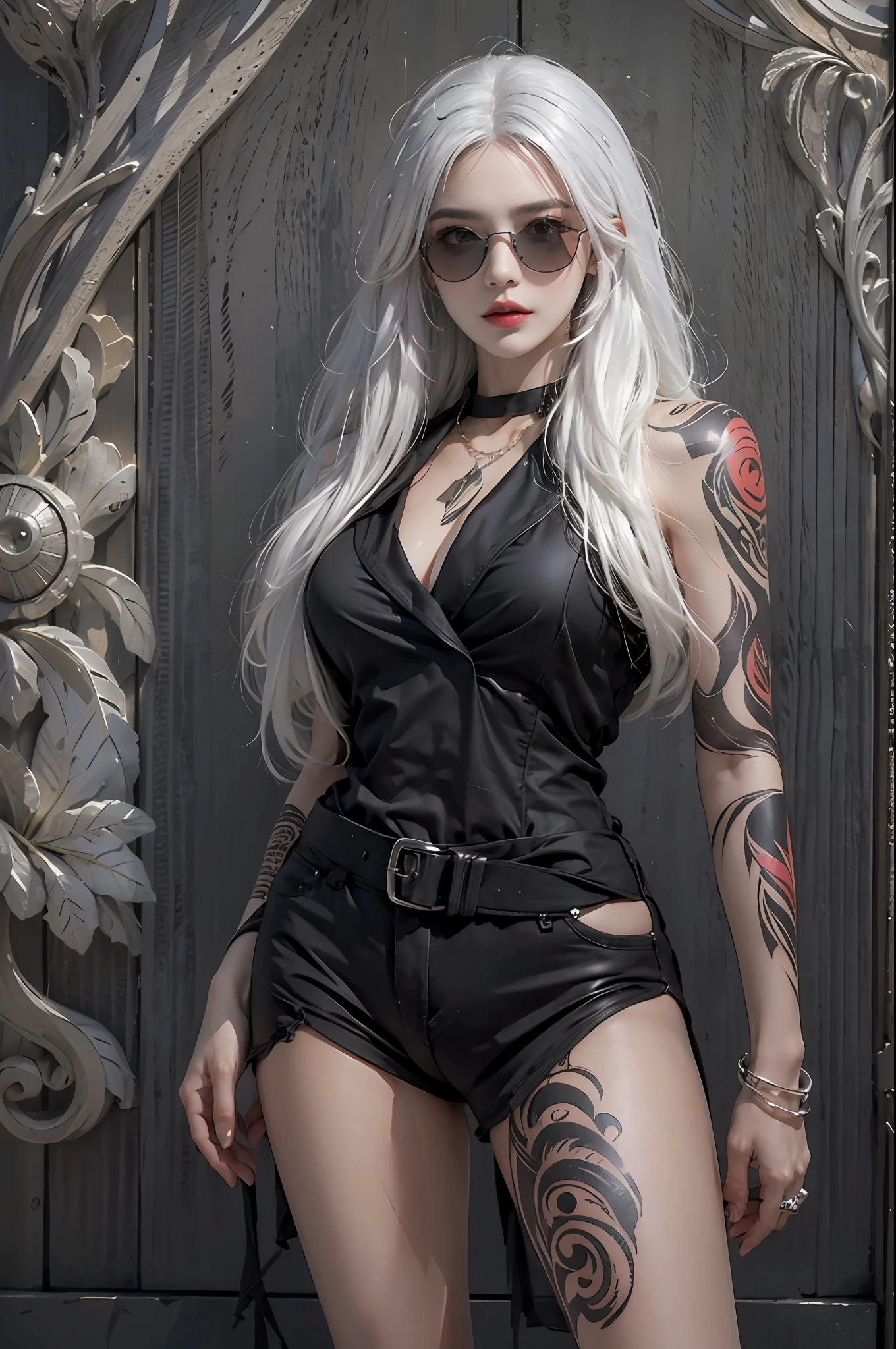 photorealistic, high resolution, 1women, solo, hips up, look at viewer, (detailed face), white hair, long hair, black suit, mafia, sunglasses, tattoo, jewelry