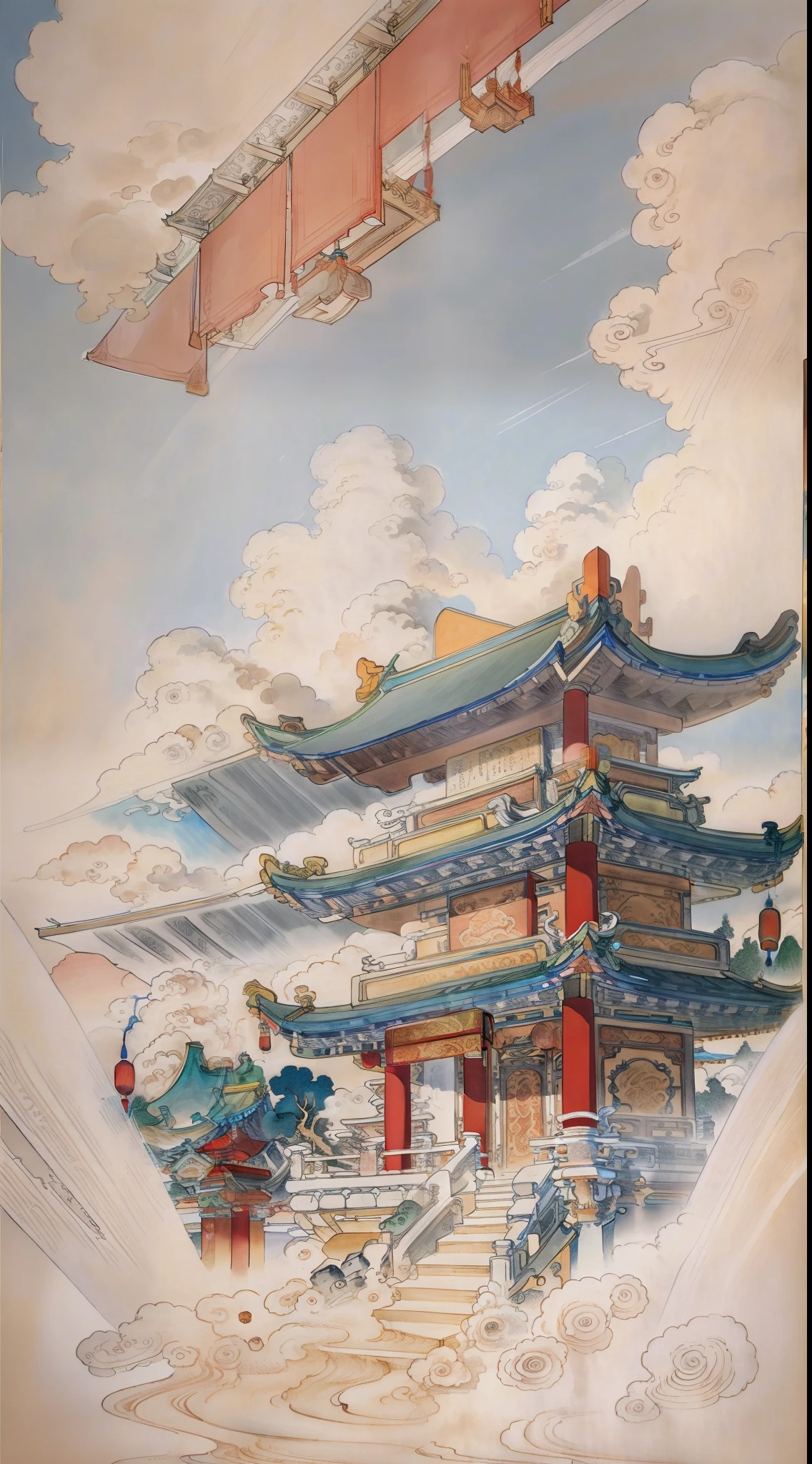 Sky scenery in ancient China，Ancient buildings，Here's all the cloud packaging，Pavilions，Carved beams and paintings，enchanting scenery，Inspired by Jin Yong martial arts，rays of sunshine，Ink painting style，clean color，Decisive cut，Leave white space，impressionistic，tmasterpiece，ultra-detailliert，Epic composition, high qulity, HighestQuali，pixar-style，Supersaturation，hyper realisitc，Art germ --v 6