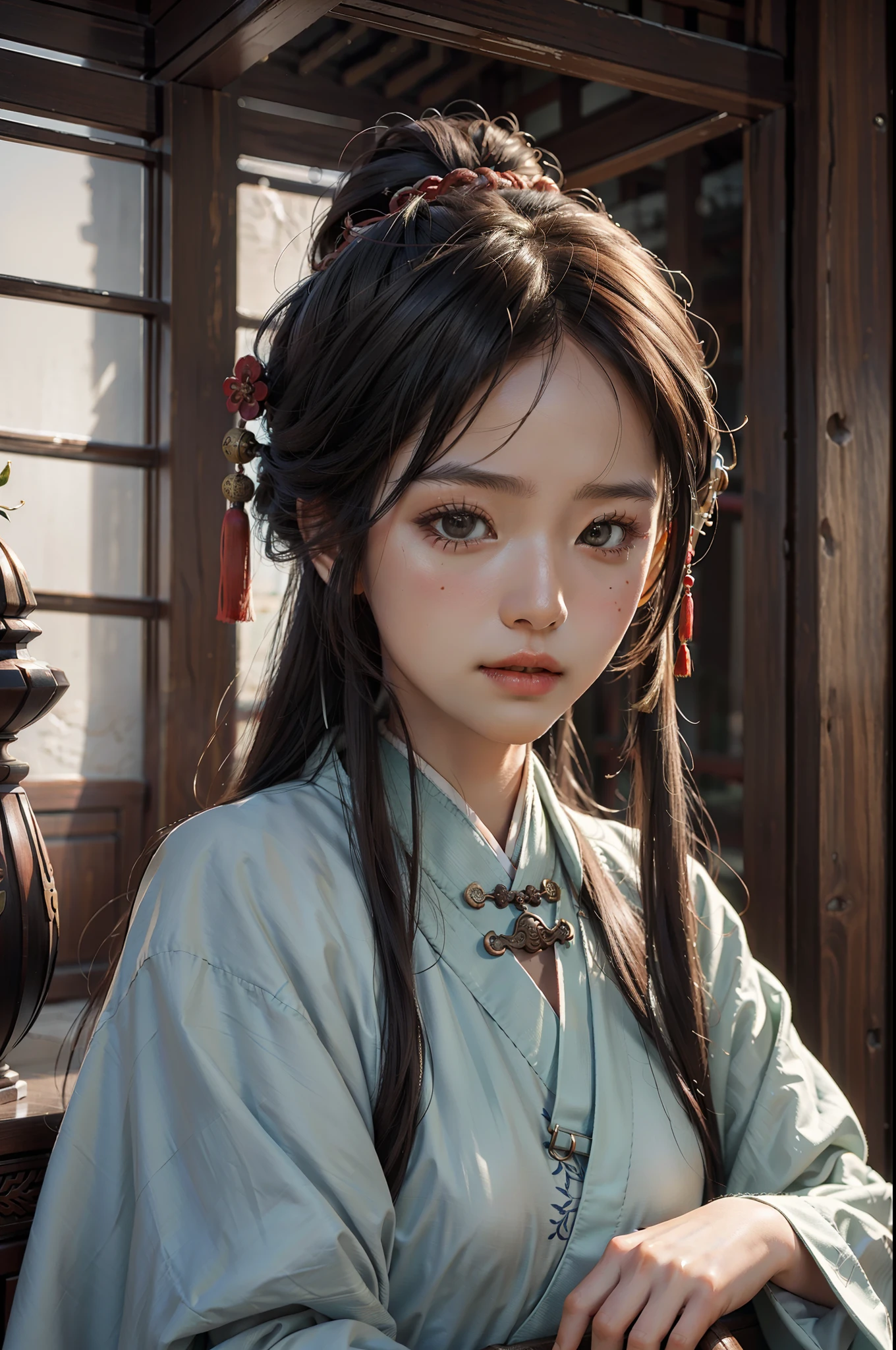 Best quality, masterpiece, ultra high res, (photorealistic:1.4), raw photo, 1girl, hanfu, ancient chinese building