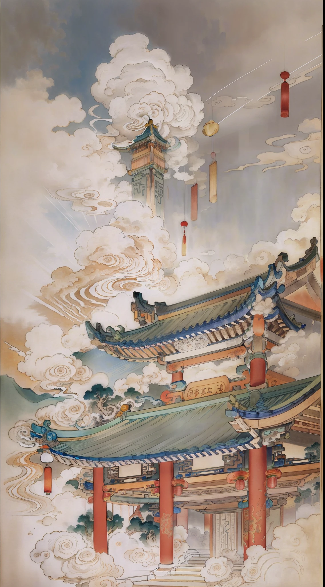 Sky scenery in ancient China，Ancient buildings in the sky，Below are thick clouds，Glow，Pavilions，Carved beams and paintings，enchanting scenery，Inspired by Jin Yong martial arts，rays of sunshine，Ink painting style，clean color，Decisive cut，Leave white space，impressionistic，tmasterpiece，ultra-detailliert，Epic composition, high qulity, HighestQuali，pixar-style，Supersaturation，hyper realisitc，Art germ --v 6