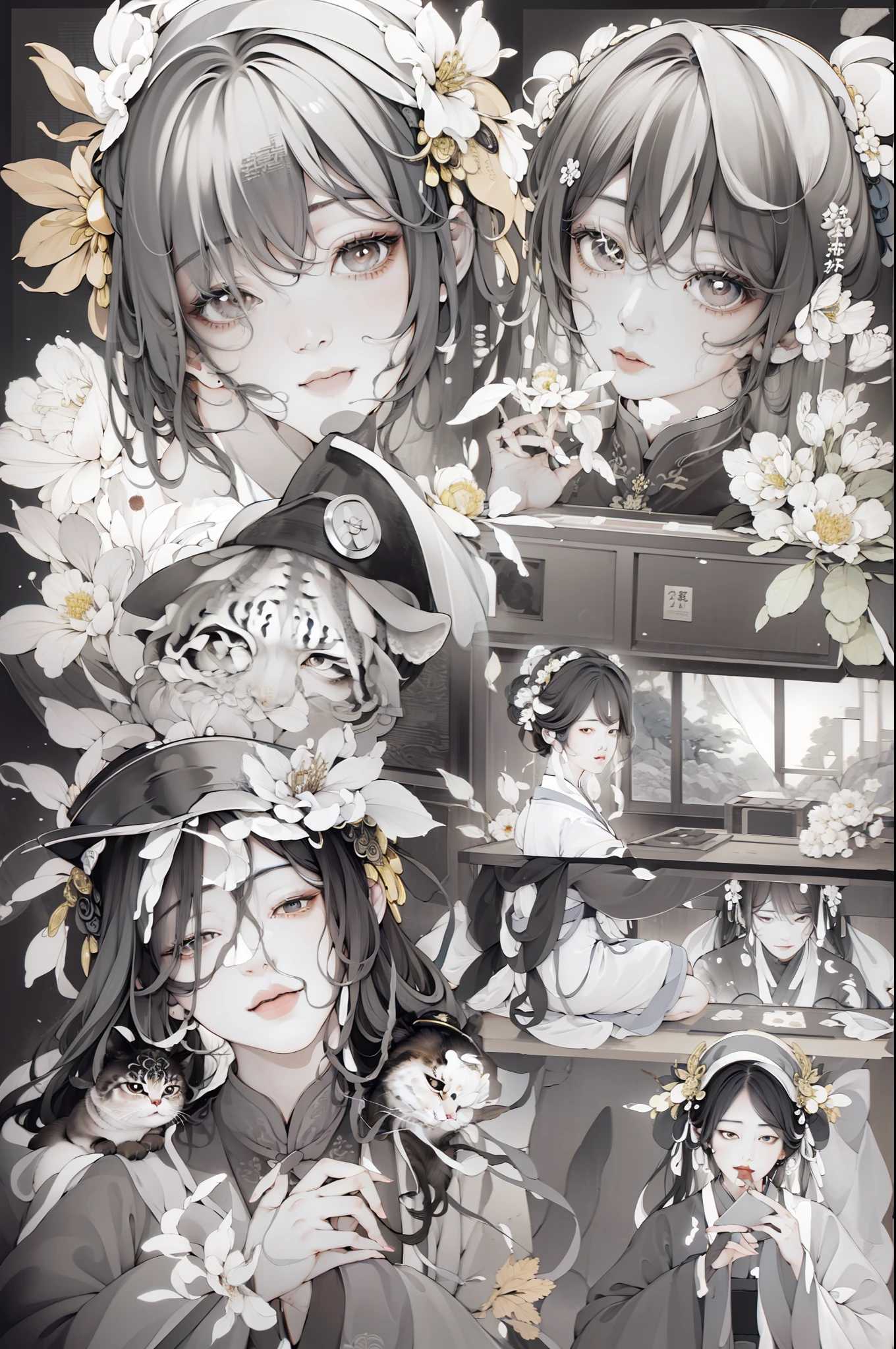 Ink danqing, Multiple monochrome blocks, hime cut, hair bell, flower on head, gradient eyes, bright pupils, yandere, Luminism, Color Field painting, multiple monochrome, multiple views, masterpiece