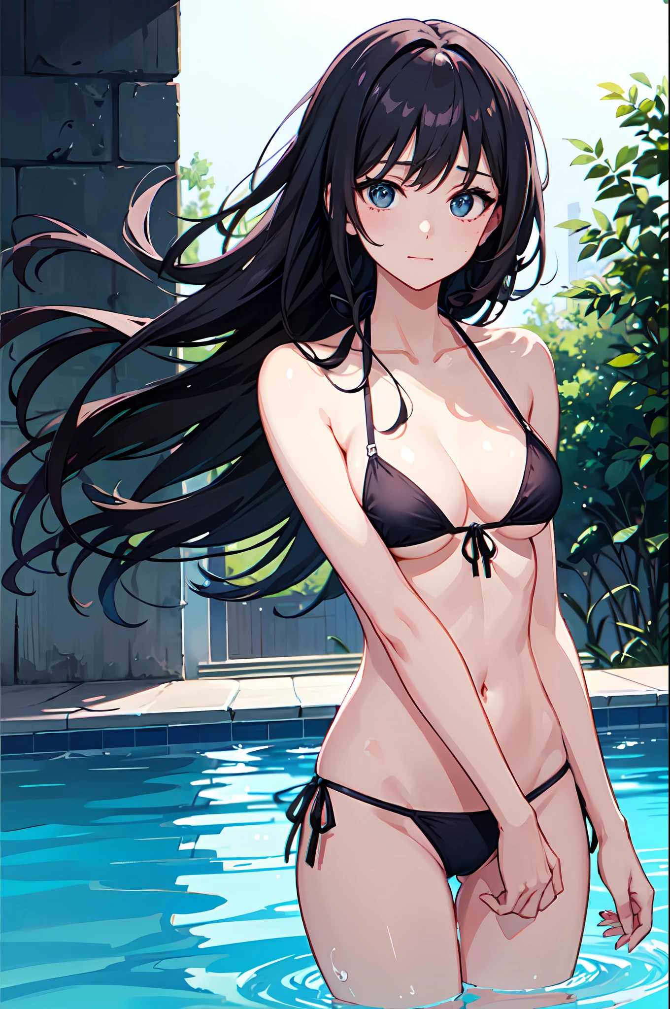 realisitic、top-quality、女の子 1 人、silber hair、Natural eye color、Shy face、Fancy Micro Bikini、front-tie bikini top、Bikini flies in the wind、beautiful boob 、Pool at night、Particles of light、profetional lighting、llight rays、wall-paper、