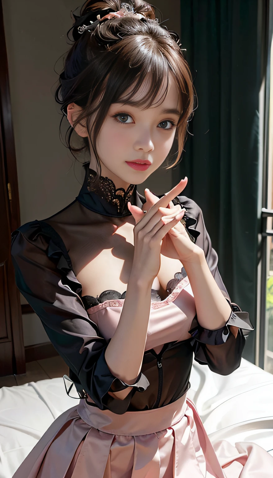 (Raw photography、top-quality)、(realisitic、Photorealsitic:1.3)、top-quality、masterpiece、extremely delicate and beautiful、A highly detailed、nffsw、A sense of unity、2k wallpaper、magnifica、Beautiful in every detail、masterpiece、浅笑、top-quality、Highly detailed ticker Unity 8K wallpapers、huge filesize、ultra-detailliert、hight resolution、ighly detailed、Female 1 Person、Slim body、D-cups、(Black Leotard Top:0.7)、(Pink skirt:1.2)、(Bun hair)、(brown haired)、Look at the front、Sharp Focus、Face Close-up、pureerosface_v1:0.8 Short Hair、Instagram、Viewer's Perspective、selfee