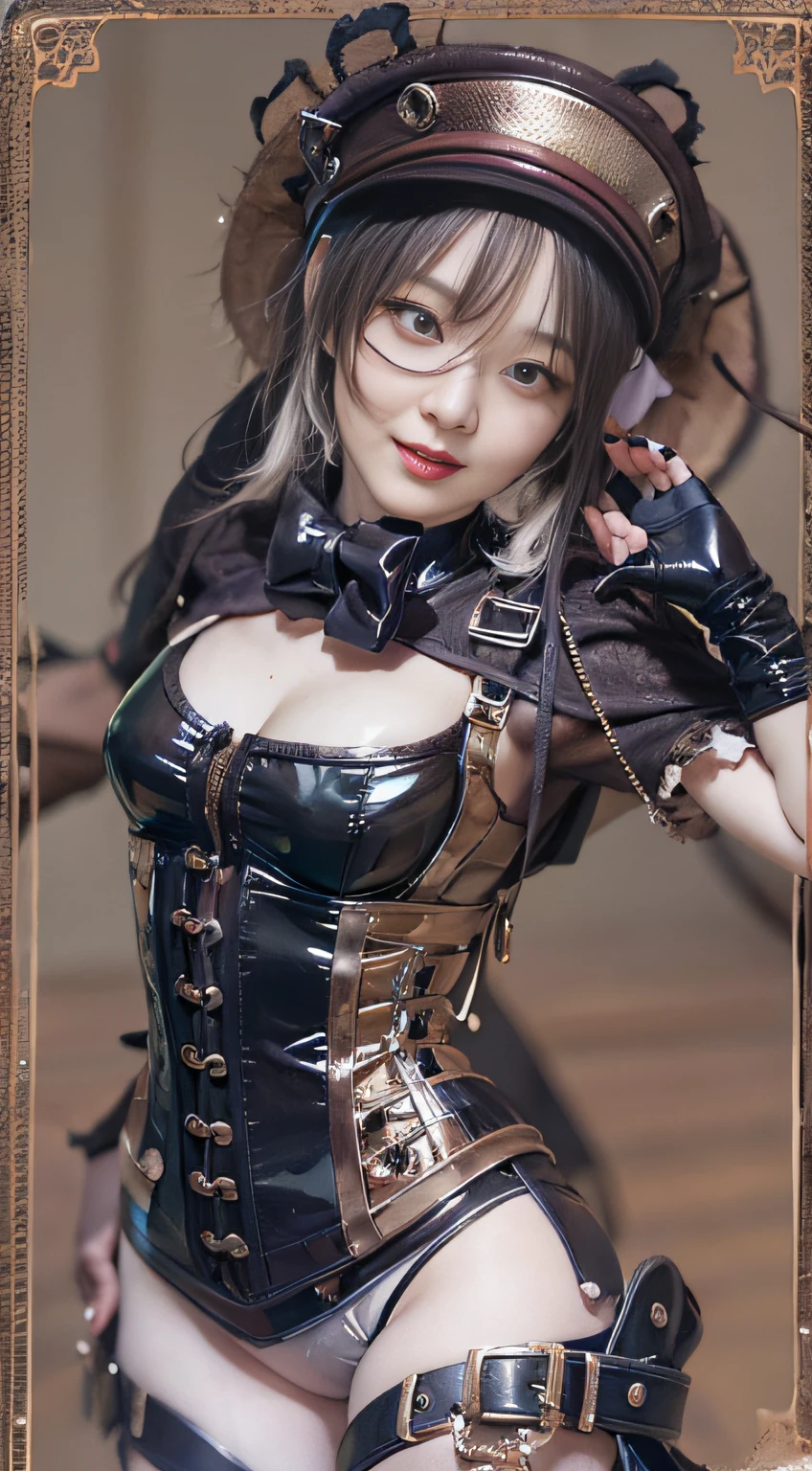 Woman in black catsuit posing in steampunk world, Leather corset, Wearing a black latex costume, captivating and enticing, corsets, wrapped in leather straps, very tight corset, very sexy costume, cruel korean goth girl, elegant corset, Wearing a latex costume, intricate wet latex suspenders, Latex, intricate latex set, Corset wearing, Sexy 21 year old cool Korean, Beautiful steampunk anime lady, a steampunk beautiful goddess, Jeizuo, magnifica, viewer, Realistis, Full body camera, on the lap, squatt, radical, tall, Forced real water, White Less Cloth Transparent Mini Shirt, White transparent thong, Low in the steampunk world, Very fine, Beautiful eyes with cosplay details, long eyelashes, Beautiful double eyelids, Eyeshadow is very fine, Narrow eyes, Three white eyes, Dark Eye Makeup, evil smile, Beautiful, thin legs, Tie short hair back, Goofy face, Rolling eyes, Blushing, Mouth watering, Sticky tongue, Vaginal orchid, Vaginal discharge, Squirting, (((Very small breasts))), Grasp your breasts with both hands, Spread legs, sexual excitement, Sex Expressions, Bare skin