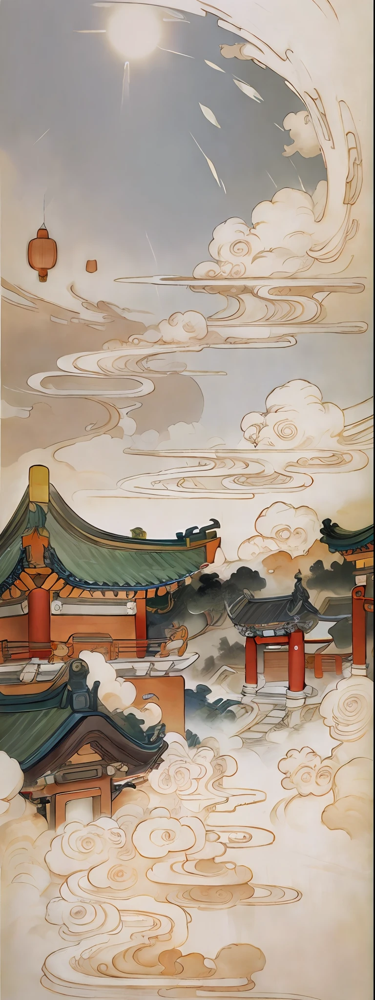 A long-term and broad vision，Composition up and down，Sky scenery in ancient China，Ancient buildings in the sky，Carved fence jade，Pavilions，Below is a thick layer of clouds，Glow，Inspired by Jin Yong martial arts，rays of sunshine，Ink painting style，clean color，Decisive cut，Leave white space，impressionistic，tmasterpiece，ultra-detailliert，Epic composition, high qulity, HighestQuali，pixar-style，Supersaturation，hyper realisitc，Art germ --v 6