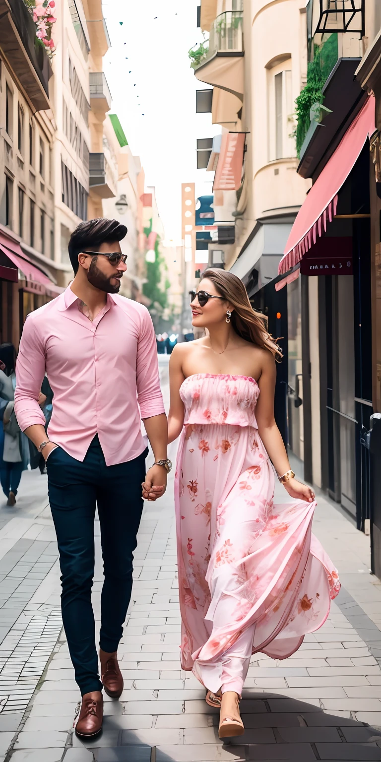 Walking on city streets, a man and a woman, bandeau dress, wearing long gorgeous clothes, wearing pink flower long dress, cute couple, shopping, in the city