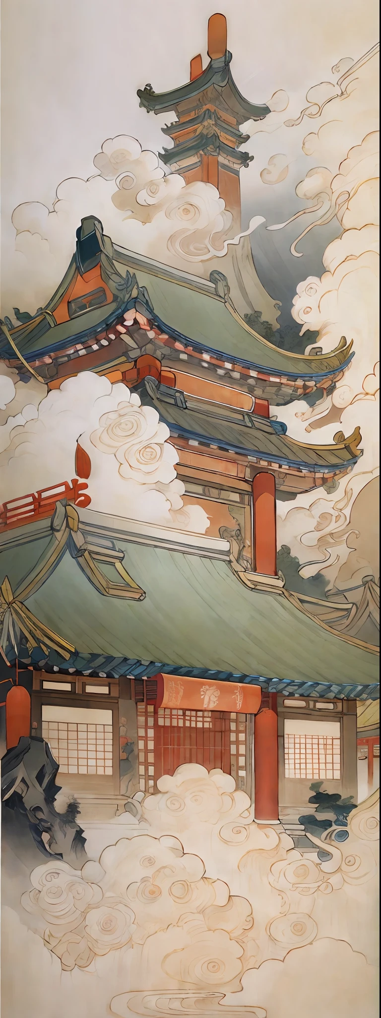 A long-term and broad vision,Composition up and down,Sky scenery in ancient China,Ancient buildings in the sky,Carved fence jade,Pavilions,Below is a thick layer of clouds,Glow,Inspired by Jin Yong martial arts,rays of sunshine,Ink painting style,clean color,Decisive cut,Leave white space,impressionistic,tmasterpiece,ultra-detailliert,Epic composition, high qulity, HighestQuali,pixar-style,Supersaturation,hyper realisitc,Art germ --v 6