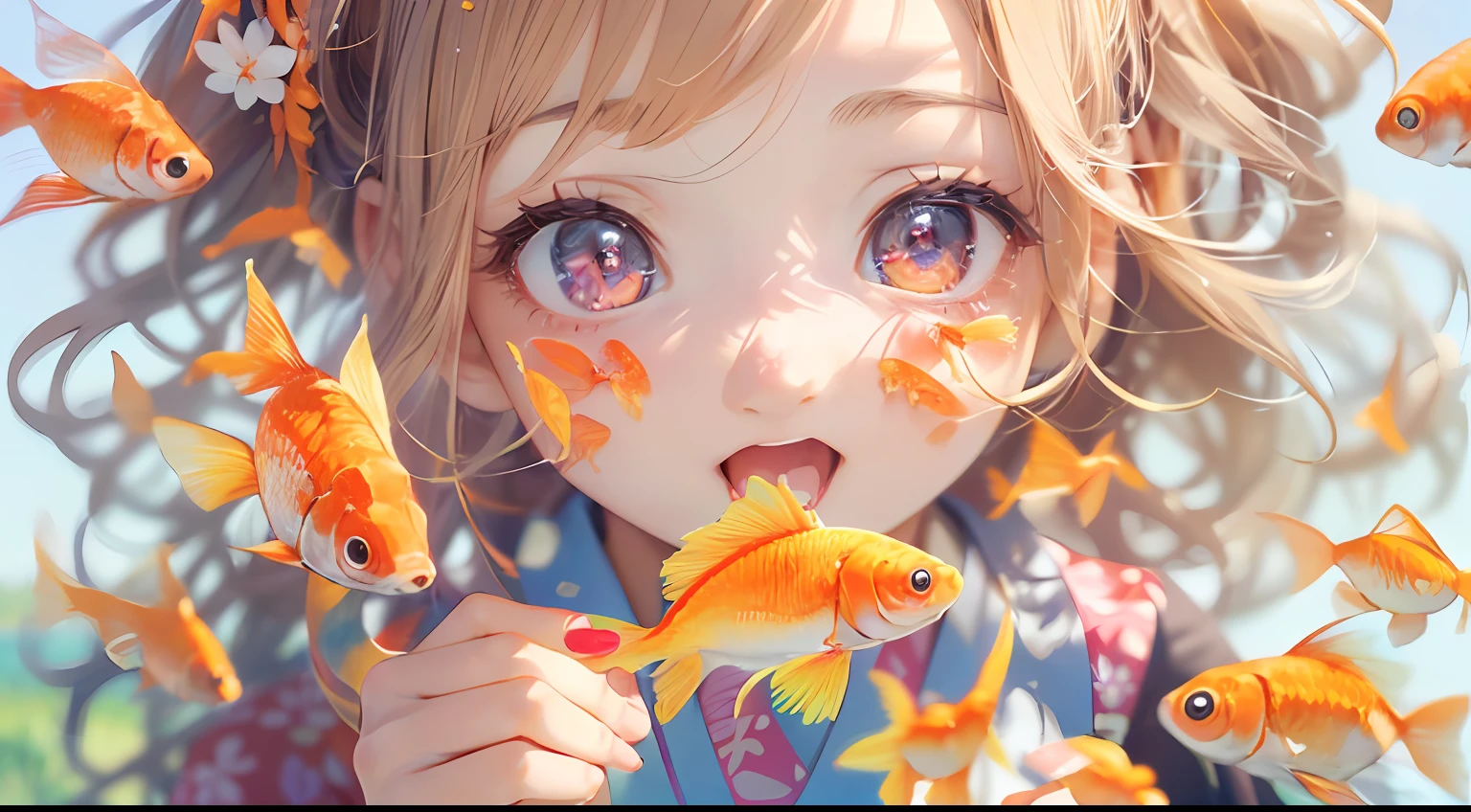 (masutepiece:1.2),(Best Quality:1.1),(Ultra-detailed:1.1),(Realistic:1.2),(Colorful:1.2),(Young girls:1.3),(Japanese:1.1),(Clothing samples:1.1),(Girls playing with goldfish scoop:1.3),(Colorful contact lenses:1.2),(FULL BODYSHOT:1.2),(Summer:1.1)